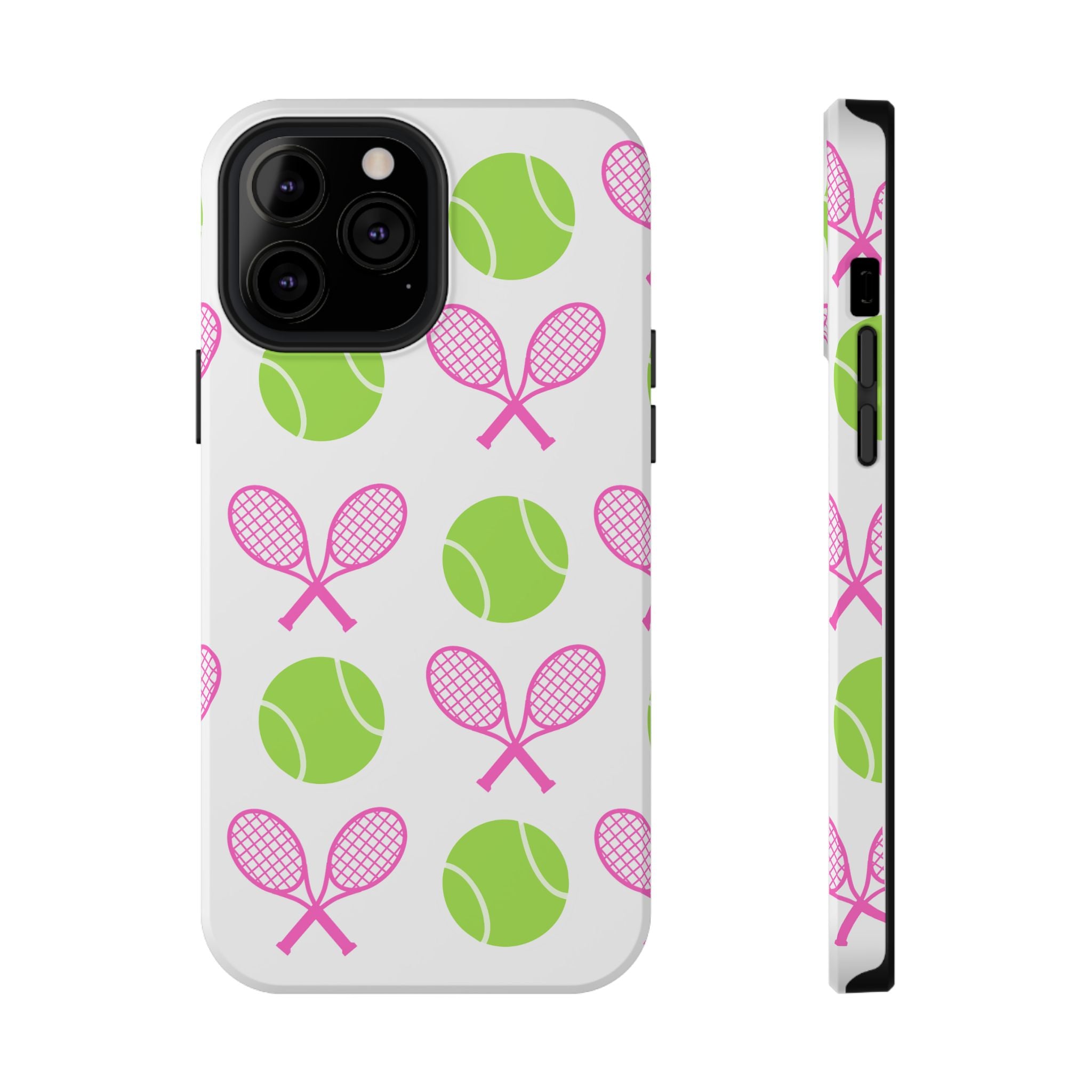 Tennis Pattern Impact-Resistant Phone Case — Pink Rackets & Green Balls