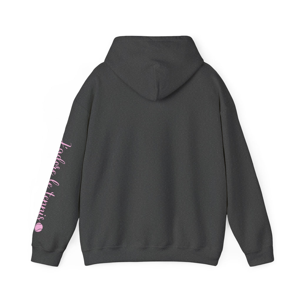 Women's Hoodie sweatshirt — "J'adore le tennis" Tennis Ball Sleeve Design (bubblegum pink)