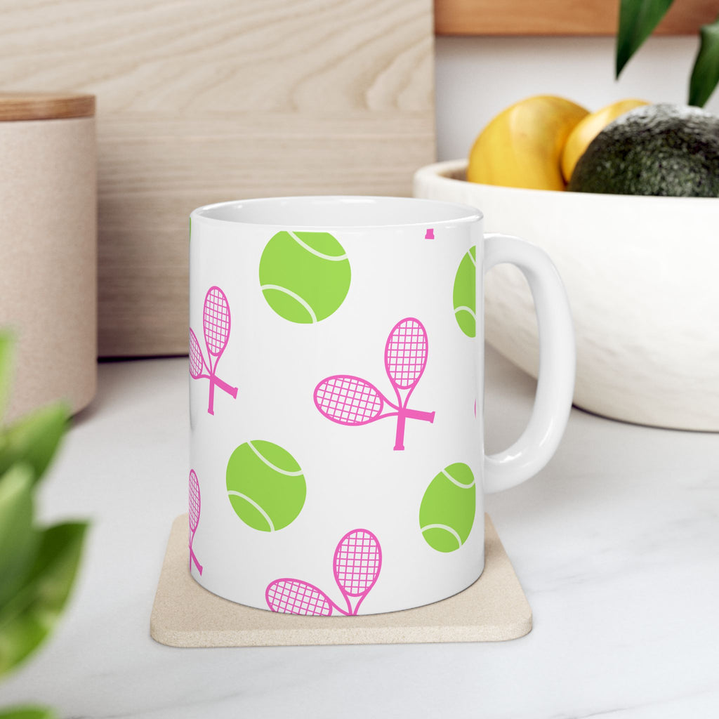 Pink/Green Tennis Racket & Ball Ceramic Mug — 11oz/15oz Sports Gift
