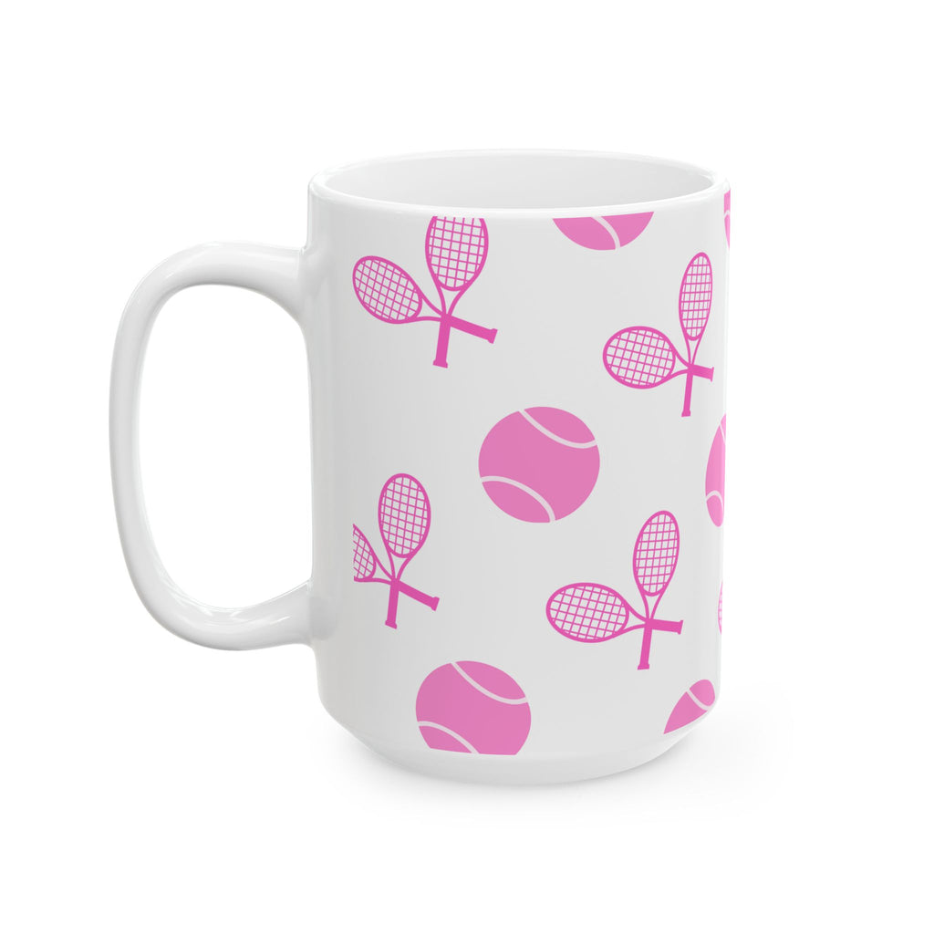 Pink Tennis Racket & Ball Ceramic Mug — 11oz/15oz Sports Gift