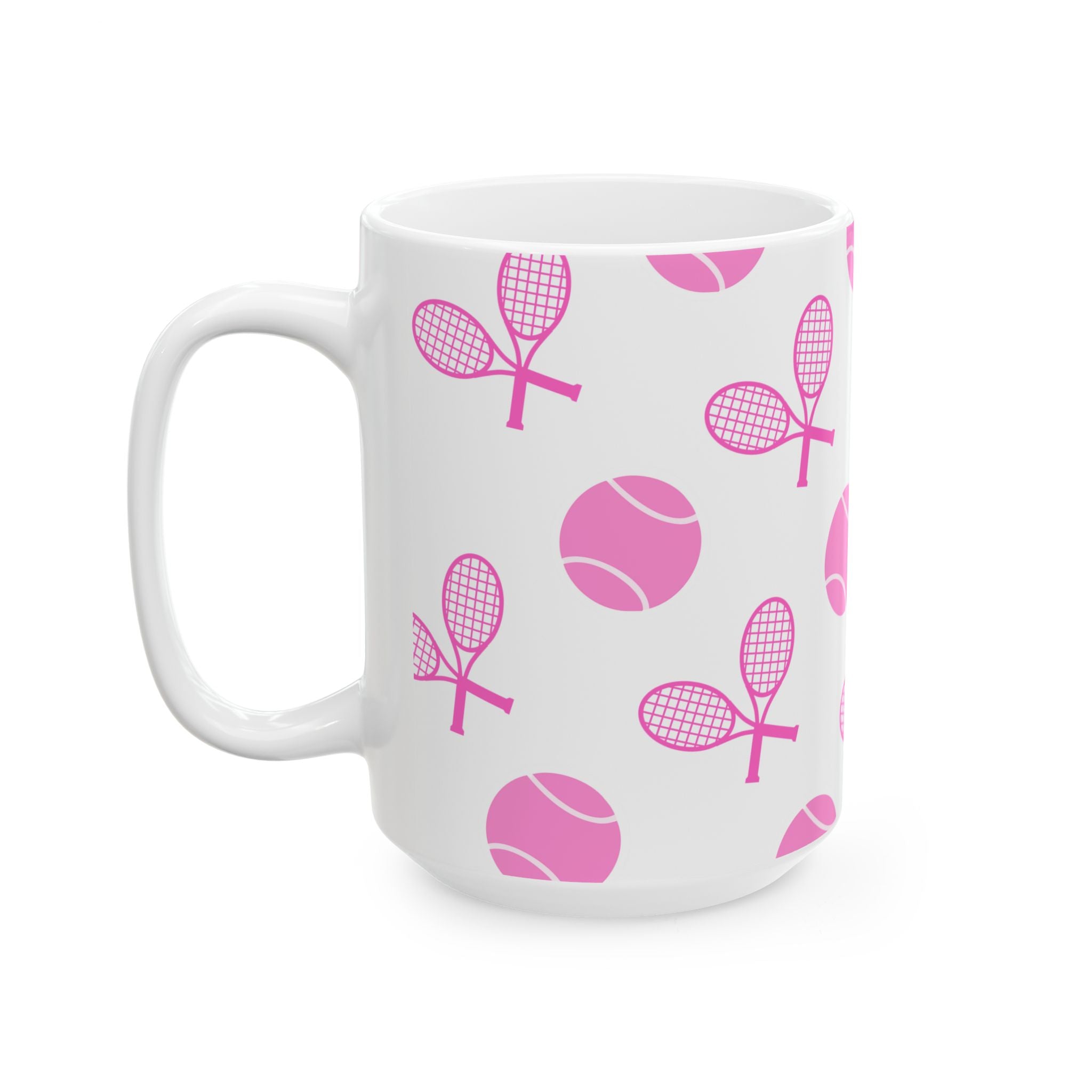 Pink Tennis Racket & Ball Ceramic Mug — 11oz/15oz Sports Gift