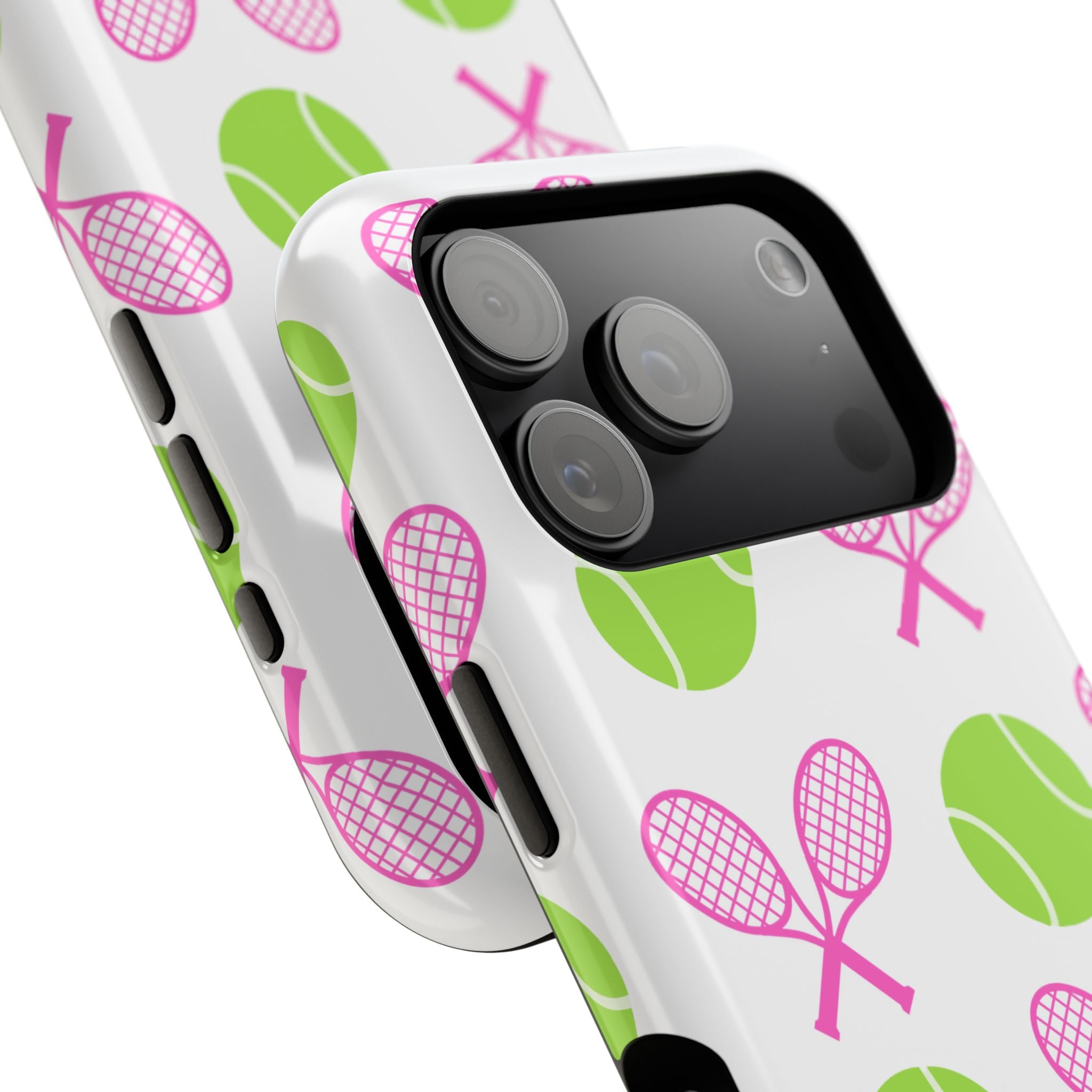 Tennis Pattern Impact-Resistant Phone Case — Pink Rackets & Green Balls