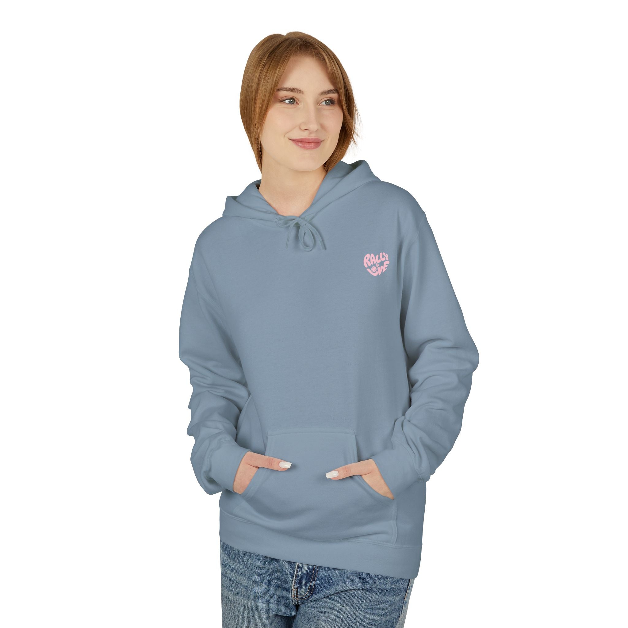Women's Softstyle Fleece Hoodie sweatshirt - 'Rally & Love' logo, minimalist (pink)