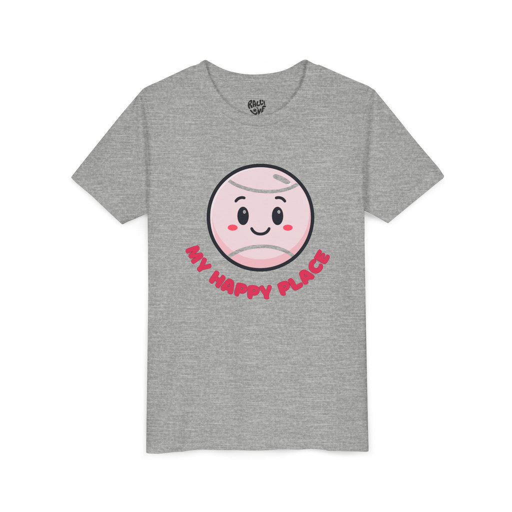 Girl's Junior Tee — Cute Smiling Tennis Ball "My Happy Place" Kids Shirt