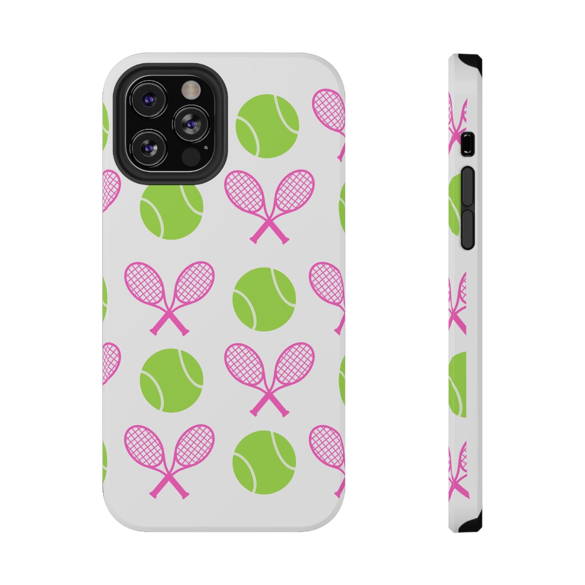 Tennis Pattern Impact-Resistant Phone Case — Pink Rackets & Green Balls