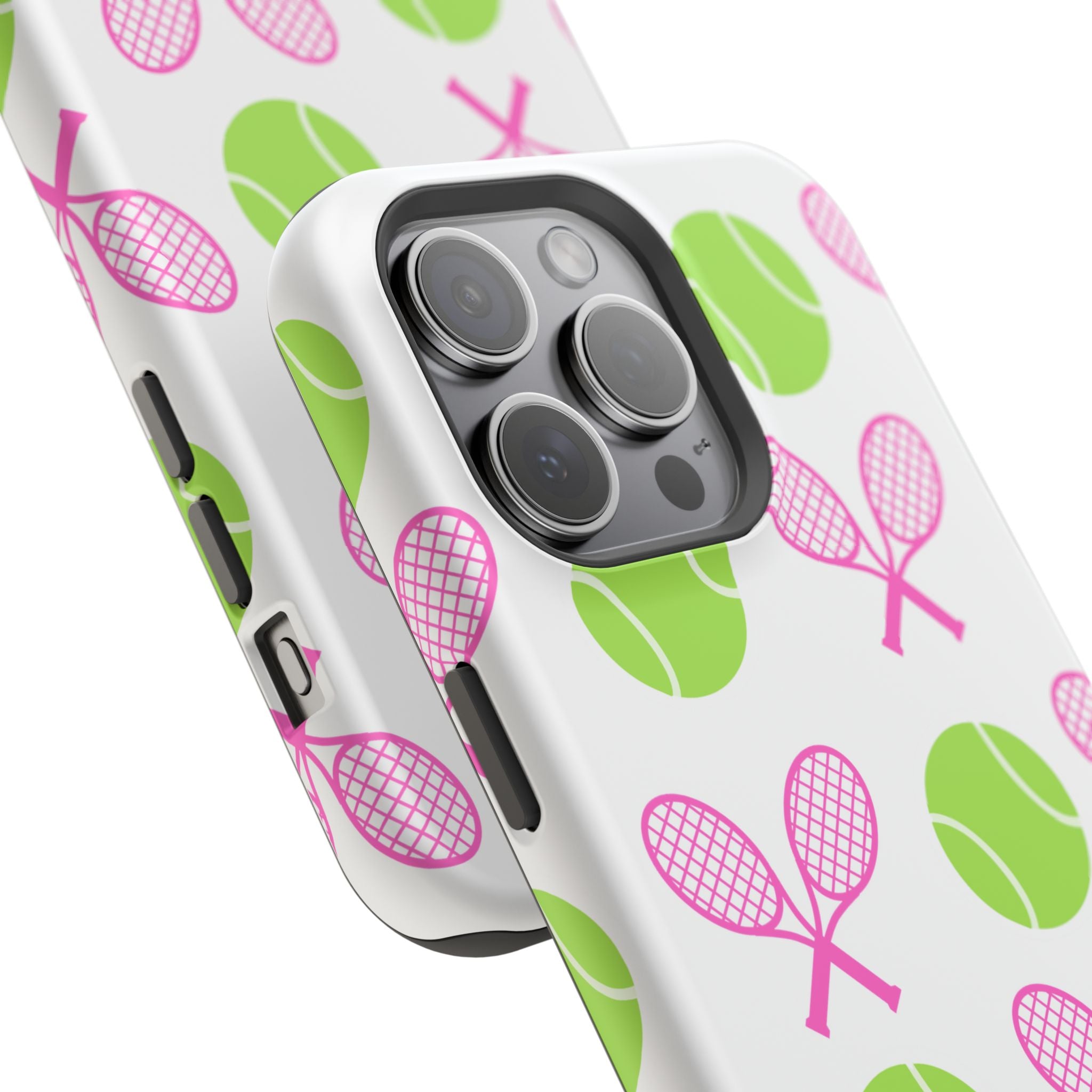 Tennis Pattern Impact-Resistant Phone Case — Pink Rackets & Green Balls