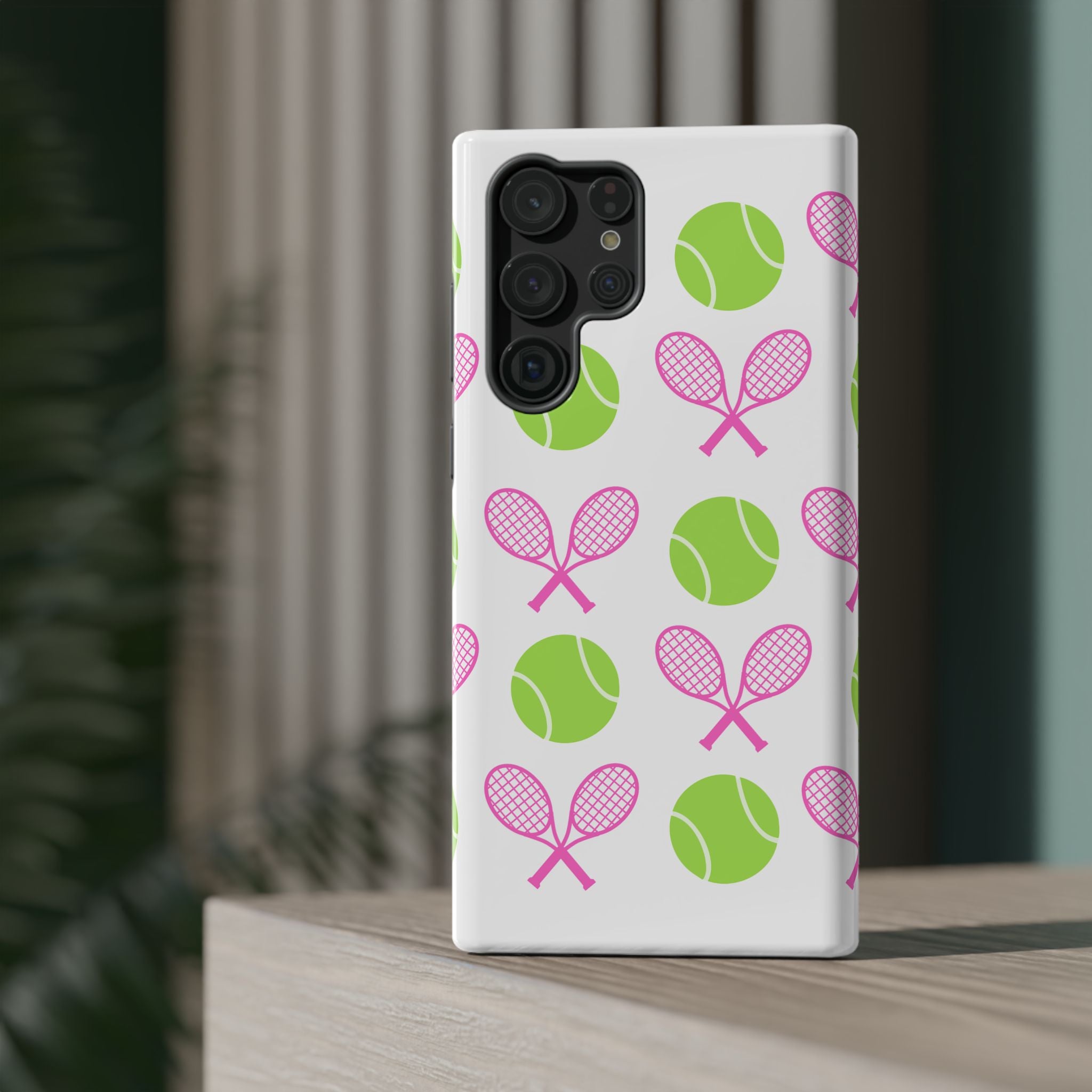 Tennis Pattern Impact-Resistant Phone Case — Pink Rackets & Green Balls