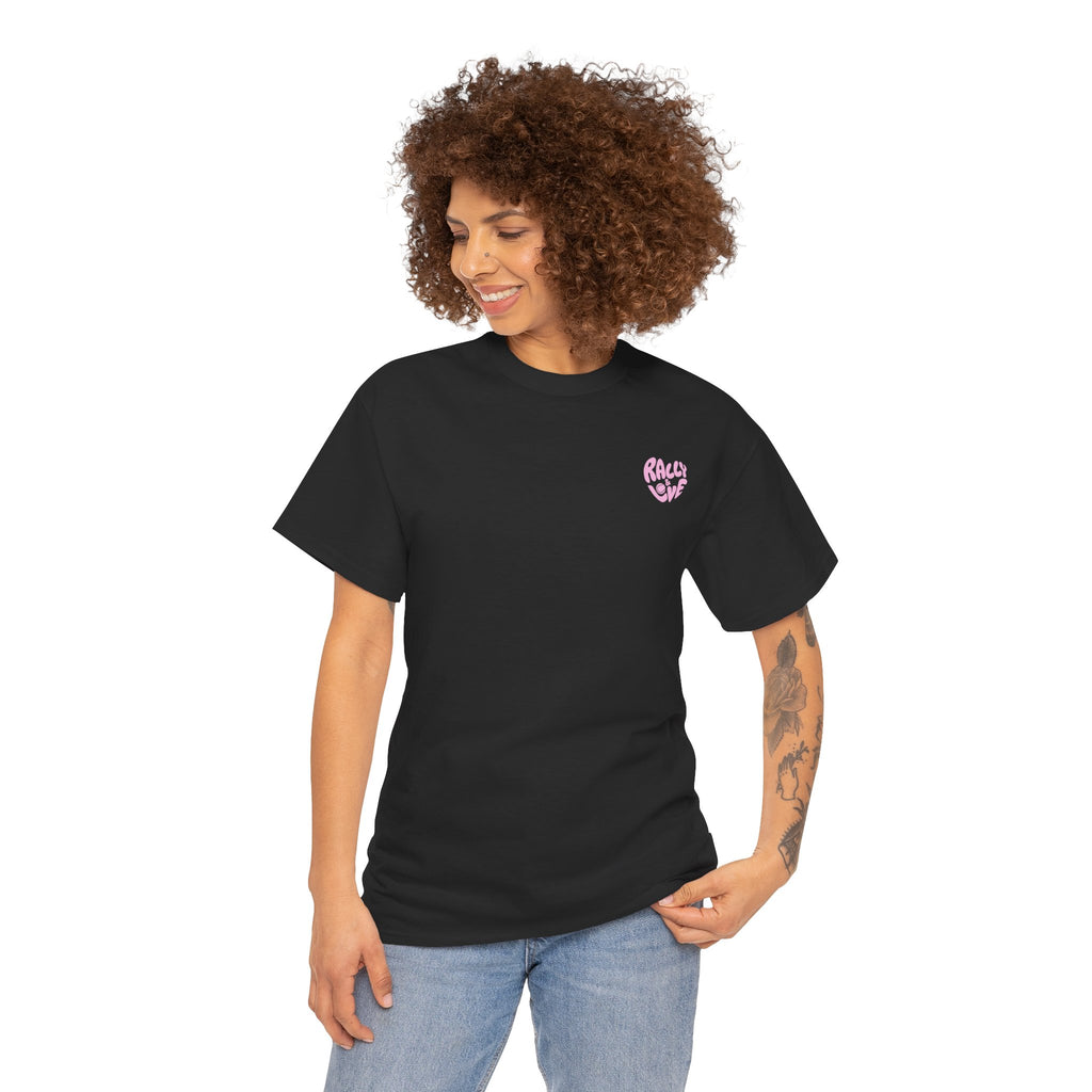 Women's Tee - Minimalist "Rally & Love" logo Chest Print (bubblegum pink)