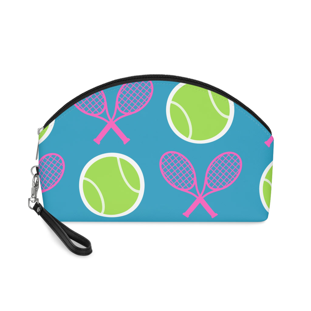 Tennis Makeup Bag — Turquoise/Pink/Yellow Tennis Ball & Racket Cosmetic Pouch for Players