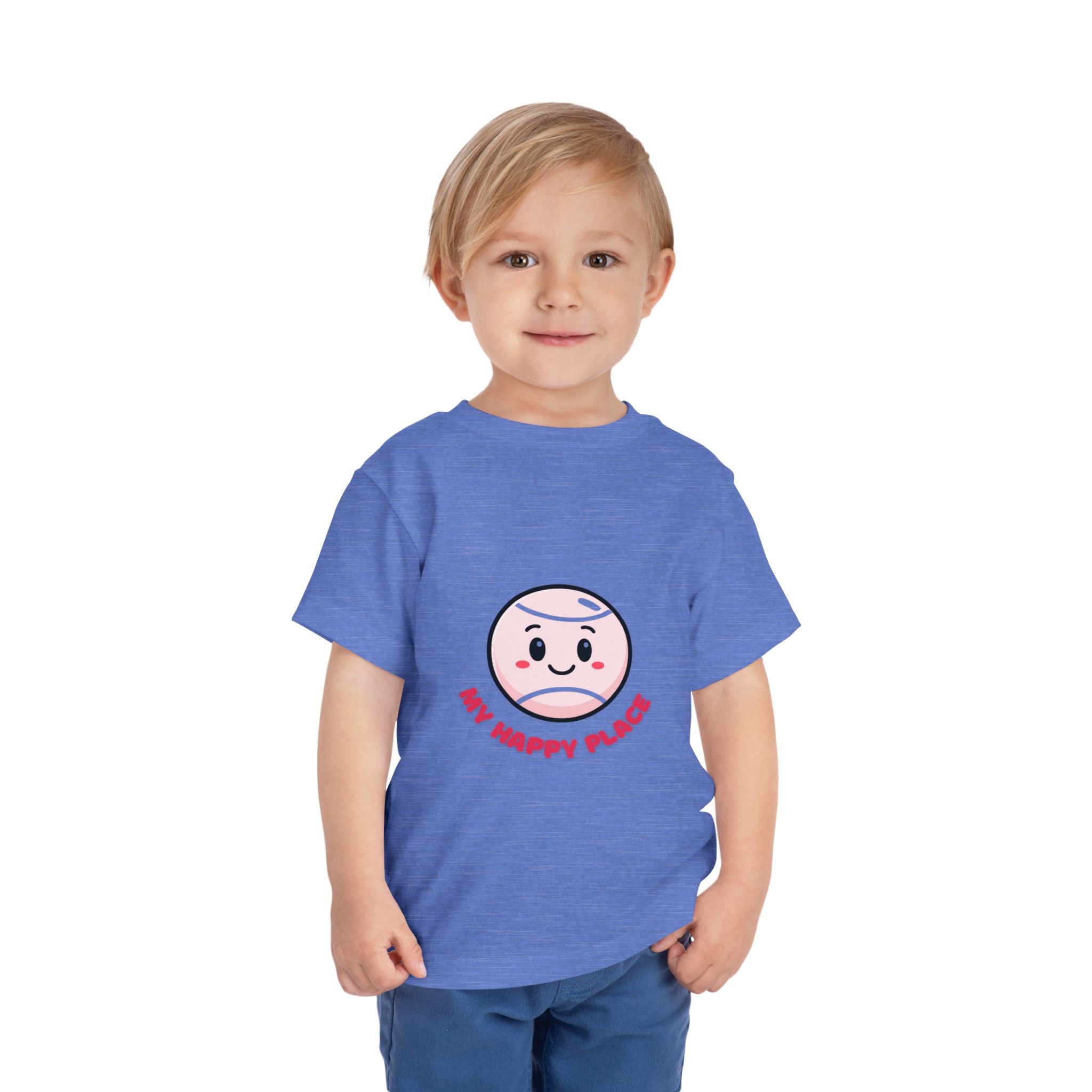 Girl Toddler's Junior Tee - 'My Happy Place' Cute Tennis Ball Smiley Face T-Shirt