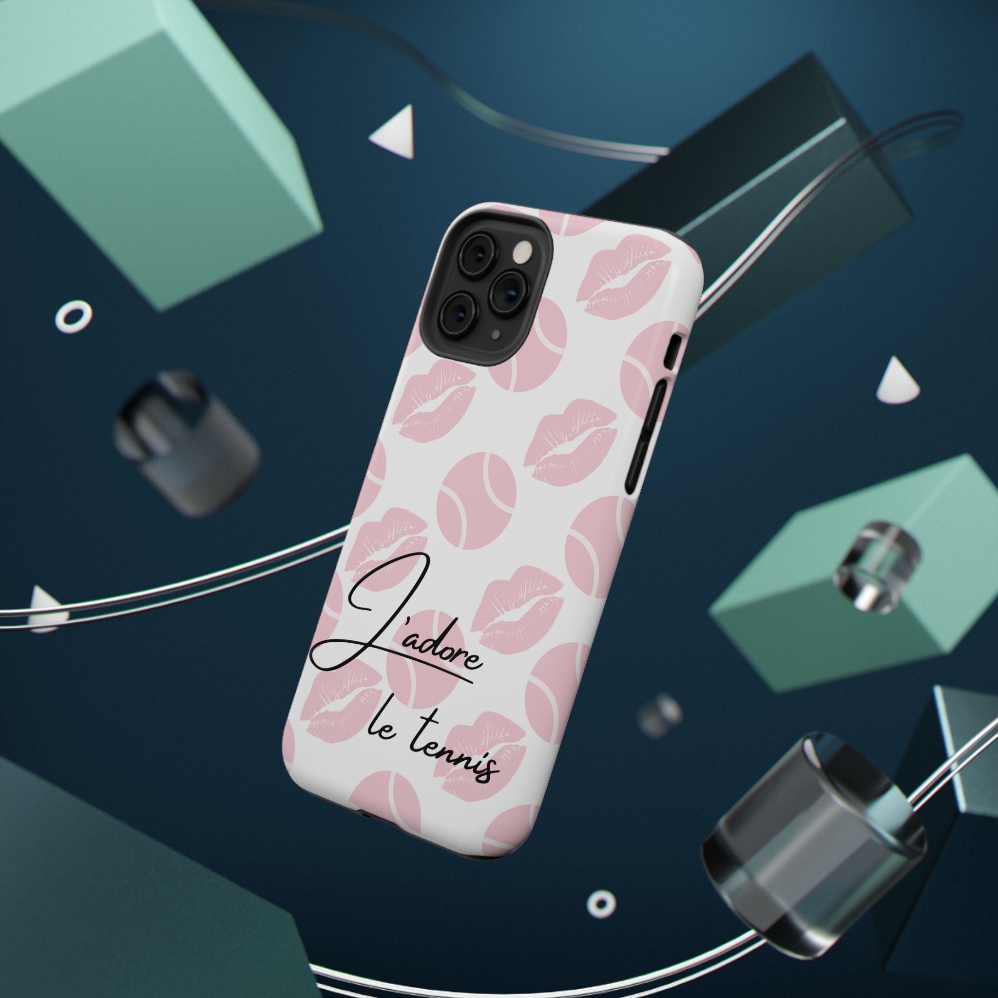 Impact-Resistant Phone Case - 'J'adore le tennis', pink tennis balls/lips