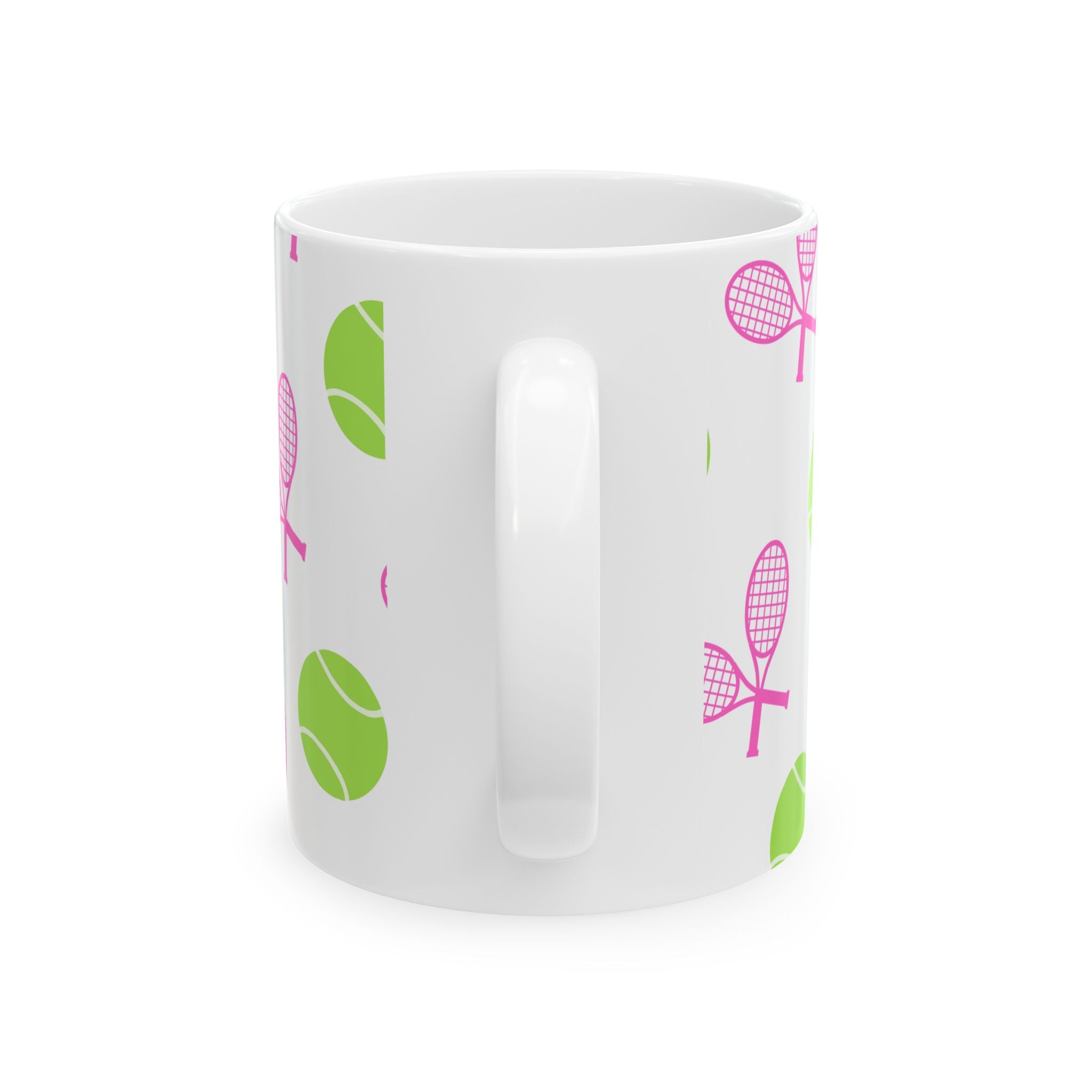 Pink/Green Tennis Racket & Ball Ceramic Mug — 11oz/15oz Sports Gift