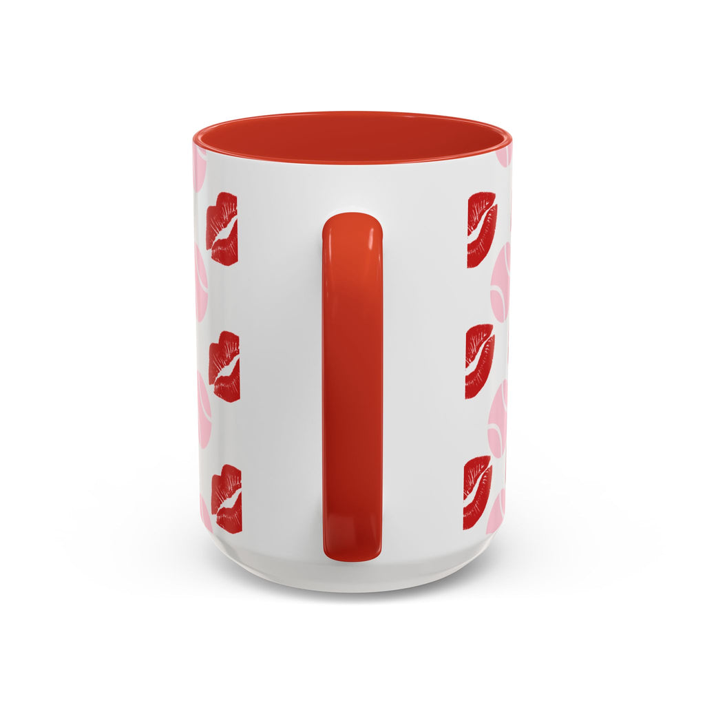 Tennis Kiss Accent Coffee Mug — 'Adore Le Tennis' Pink Balls & Red Lip Pattern (11/15 oz)