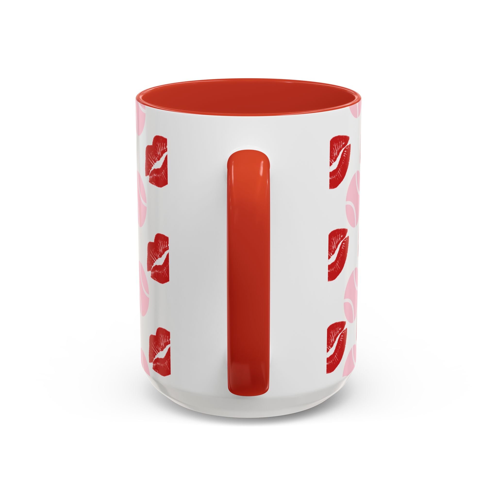 Tennis Kiss Accent Coffee Mug — 'Adore Le Tennis' Pink Balls & Red Lip Pattern (11/15 oz)