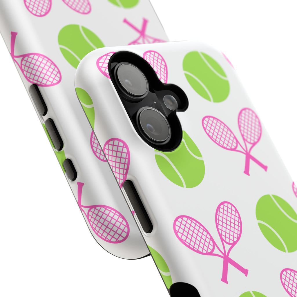 Tennis Pattern Impact-Resistant Phone Case — Pink Rackets & Green Balls