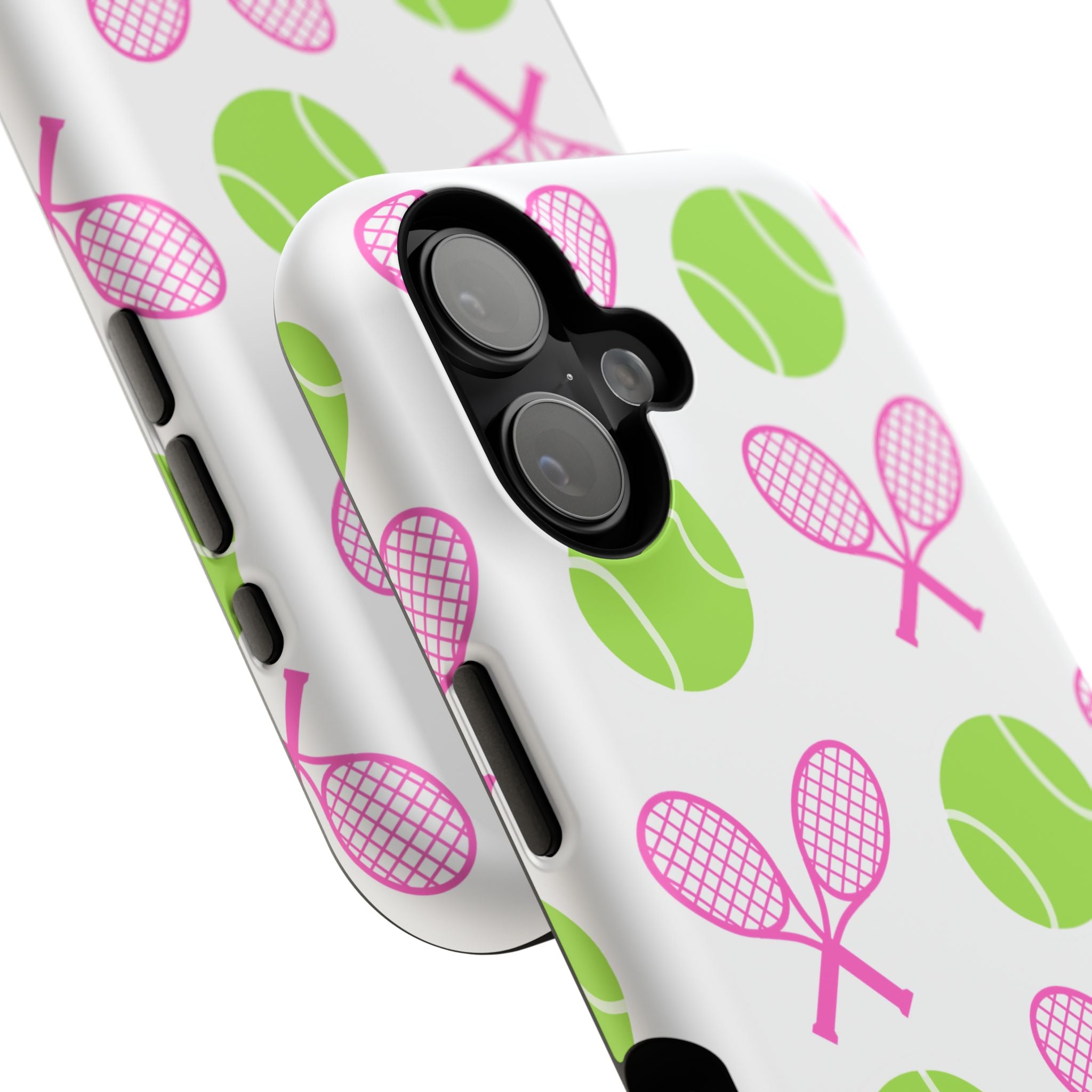 Tennis Pattern Impact-Resistant Phone Case — Pink Rackets & Green Balls