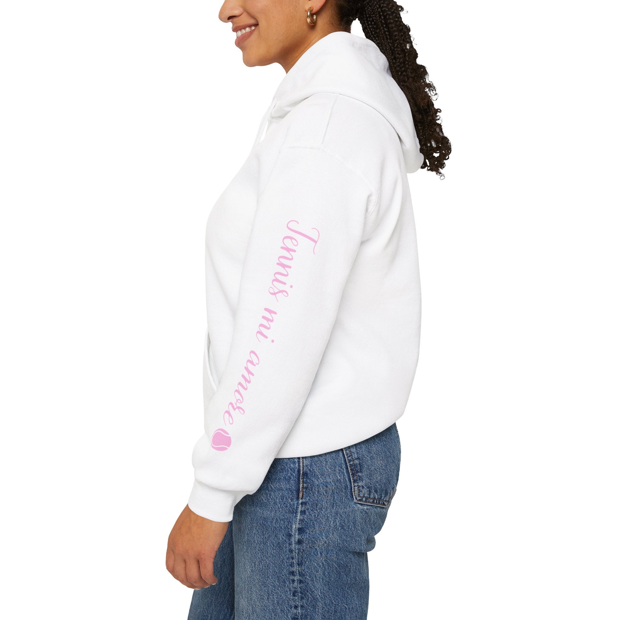 Women's Hoodie sweatshirt — "Tennis mi amore" Tennis Ball Sleeve Design (bubblegum pink)