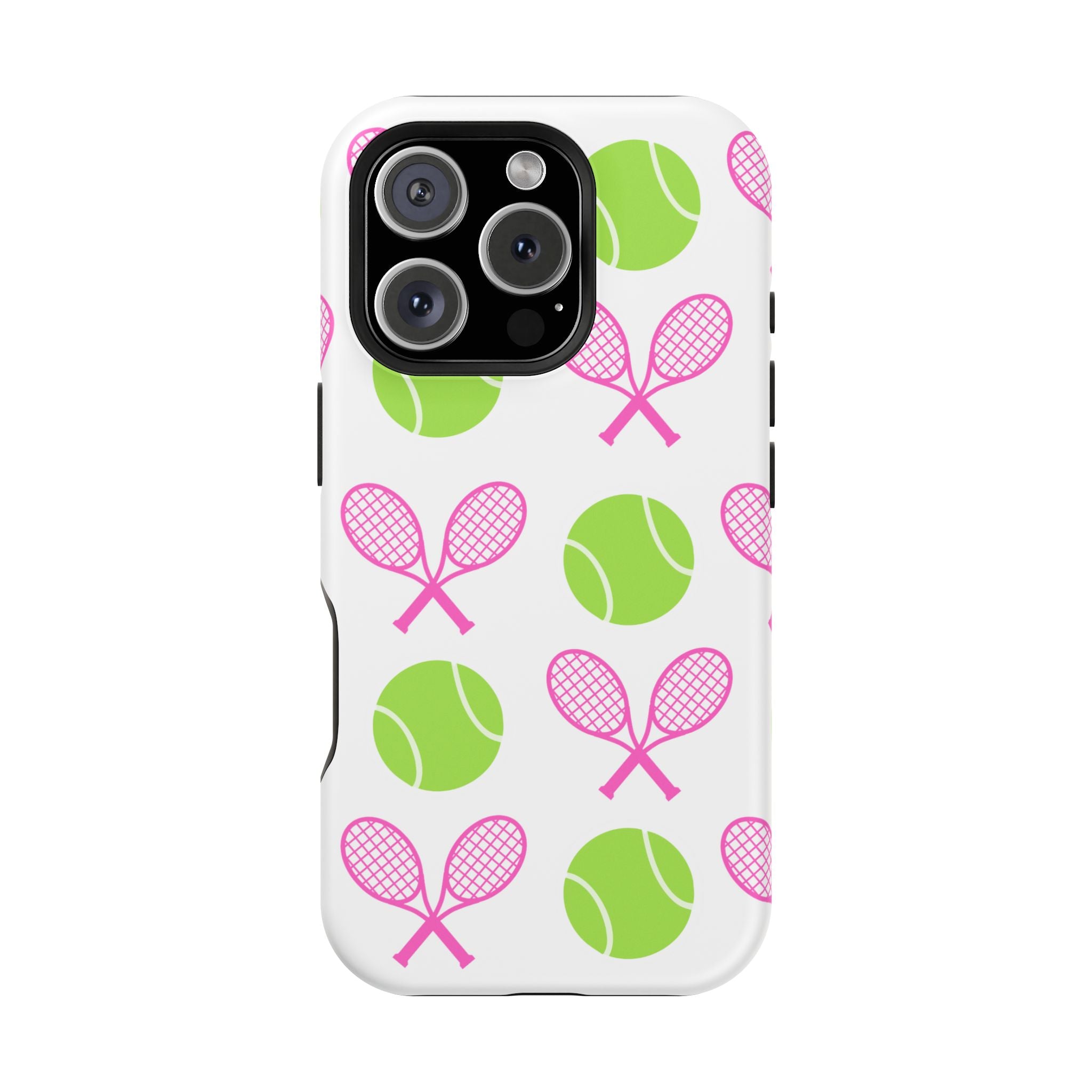 Tennis Pattern Impact-Resistant Phone Case — Pink Rackets & Green Balls