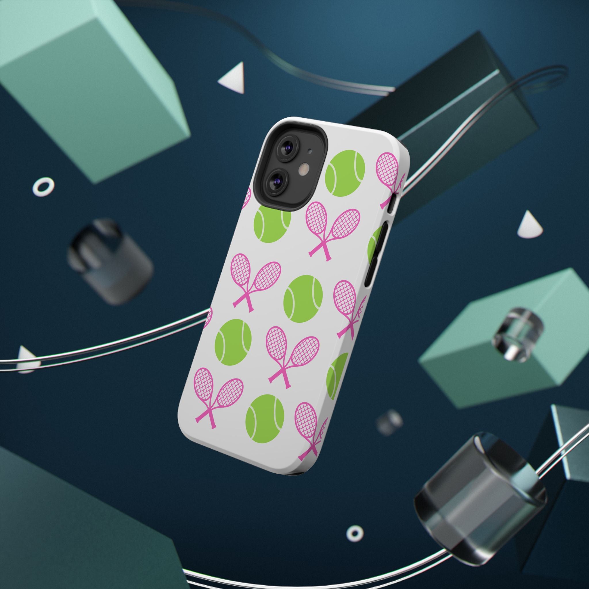 Tennis Pattern Impact-Resistant Phone Case — Pink Rackets & Green Balls