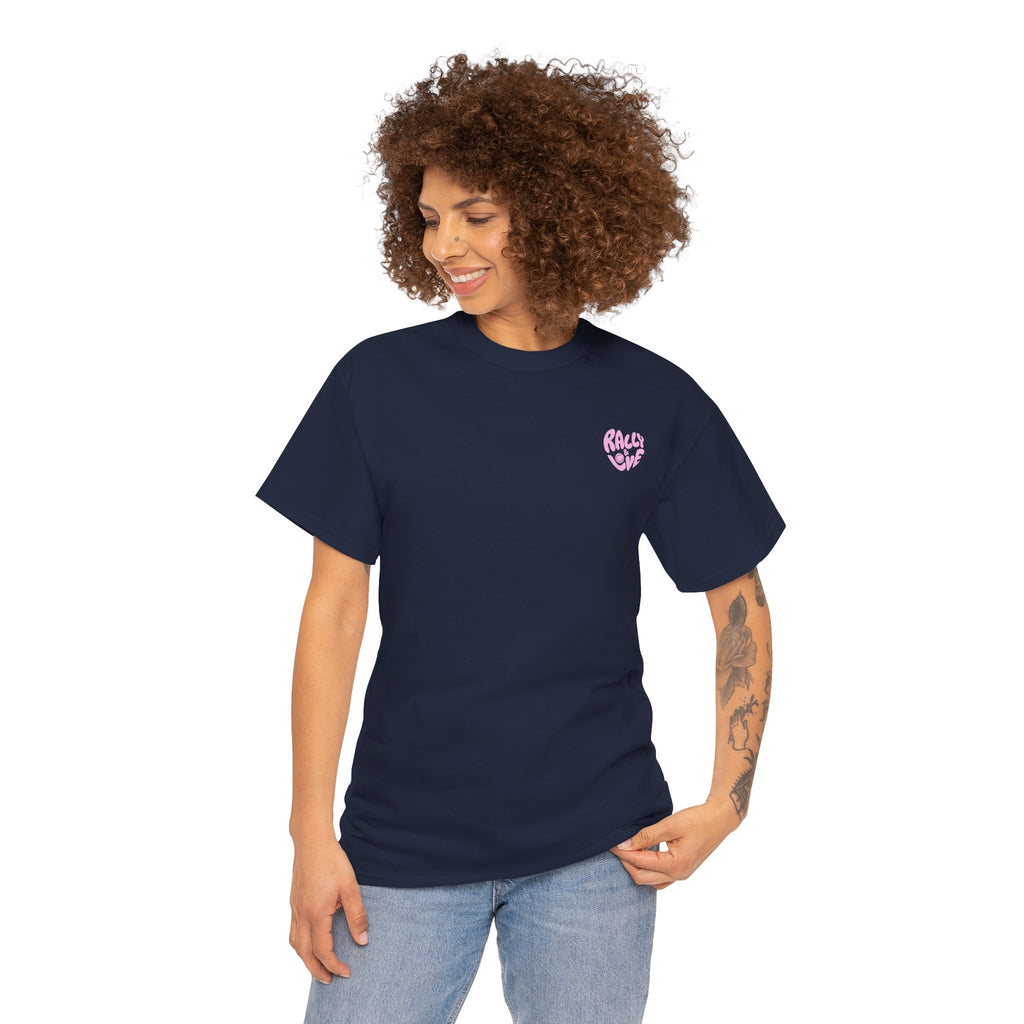 Women's Tee - Minimalist "Rally & Love" logo Chest Print (bubblegum pink)