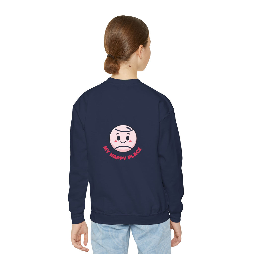 Girl's Junior Crewneck Sweatshirt — Cute Smiling Tennis Ball "My Happy Place" Kids Shirt