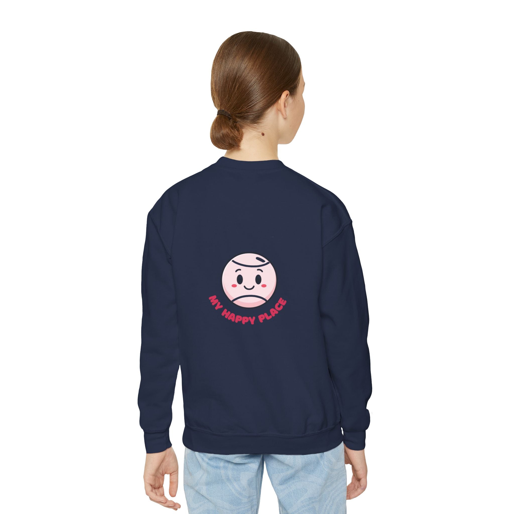 Girl's Junior Crewneck Sweatshirt — Cute Smiling Tennis Ball "My Happy Place" Kids Shirt