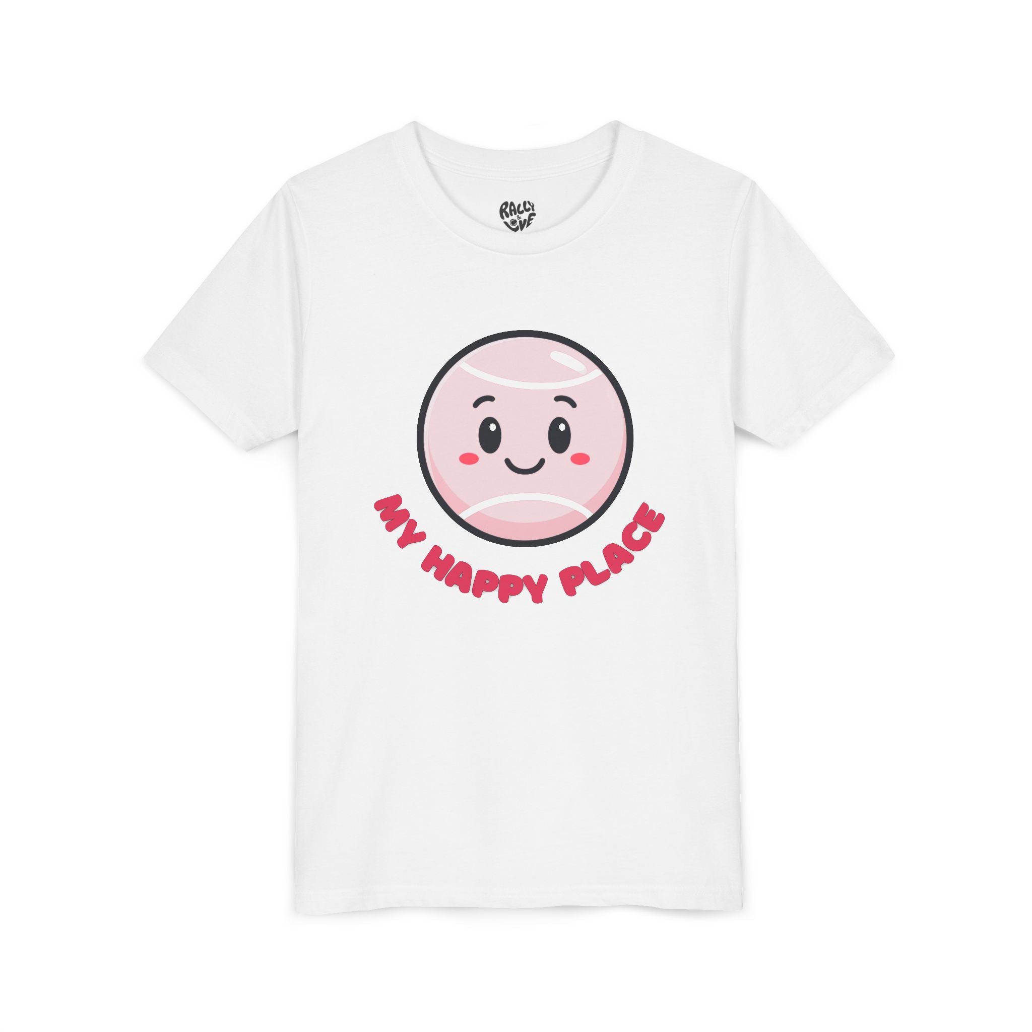 Girl's Junior Tee — Cute Smiling Tennis Ball "My Happy Place" Kids Shirt