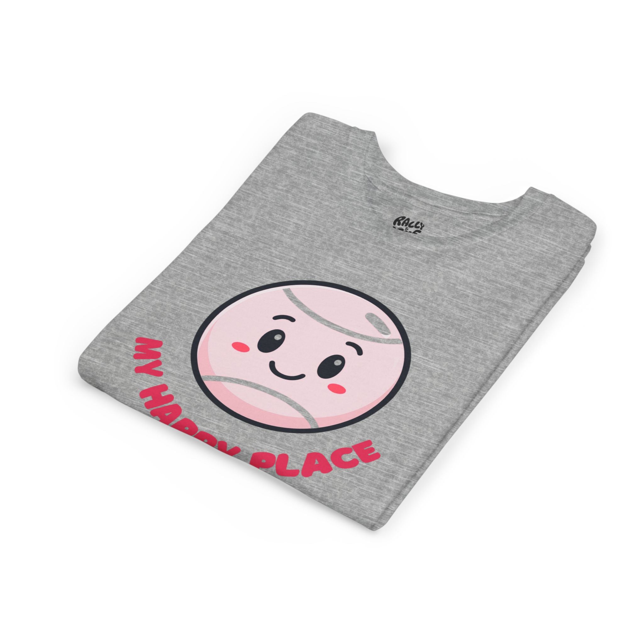 Girl's Junior Tee — Cute Smiling Tennis Ball "My Happy Place" Kids Shirt