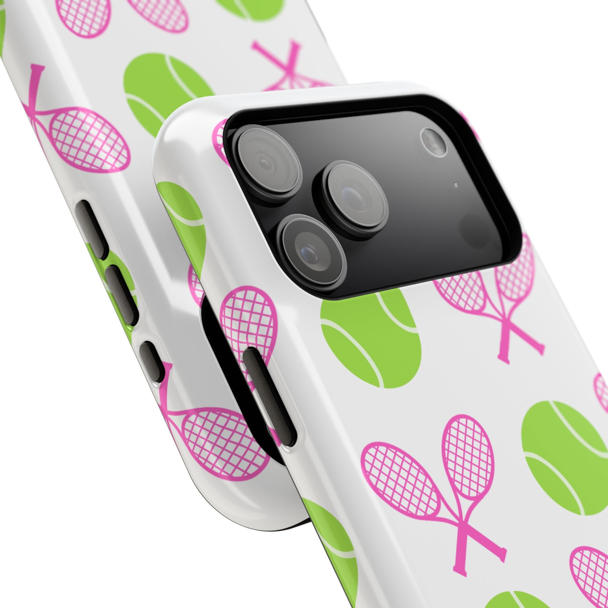 Tennis Pattern Impact-Resistant Phone Case — Pink Rackets & Green Balls