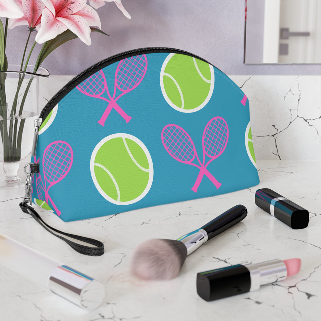 Tennis Makeup Bag — Turquoise/Pink/Yellow Tennis Ball & Racket Cosmetic Pouch for Players