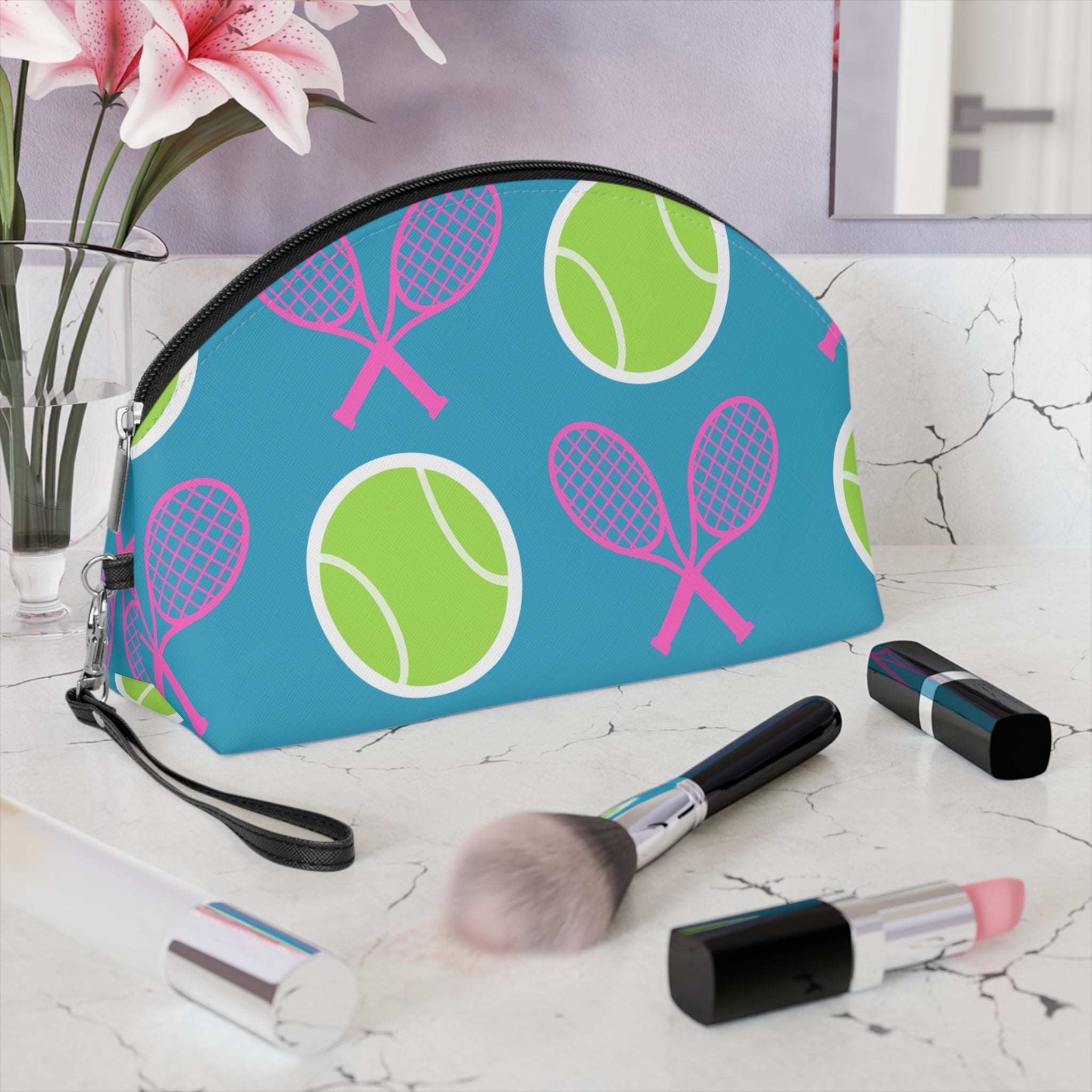 Tennis Makeup Bag — Turquoise/Pink/Yellow Tennis Ball & Racket Cosmetic Pouch for Players