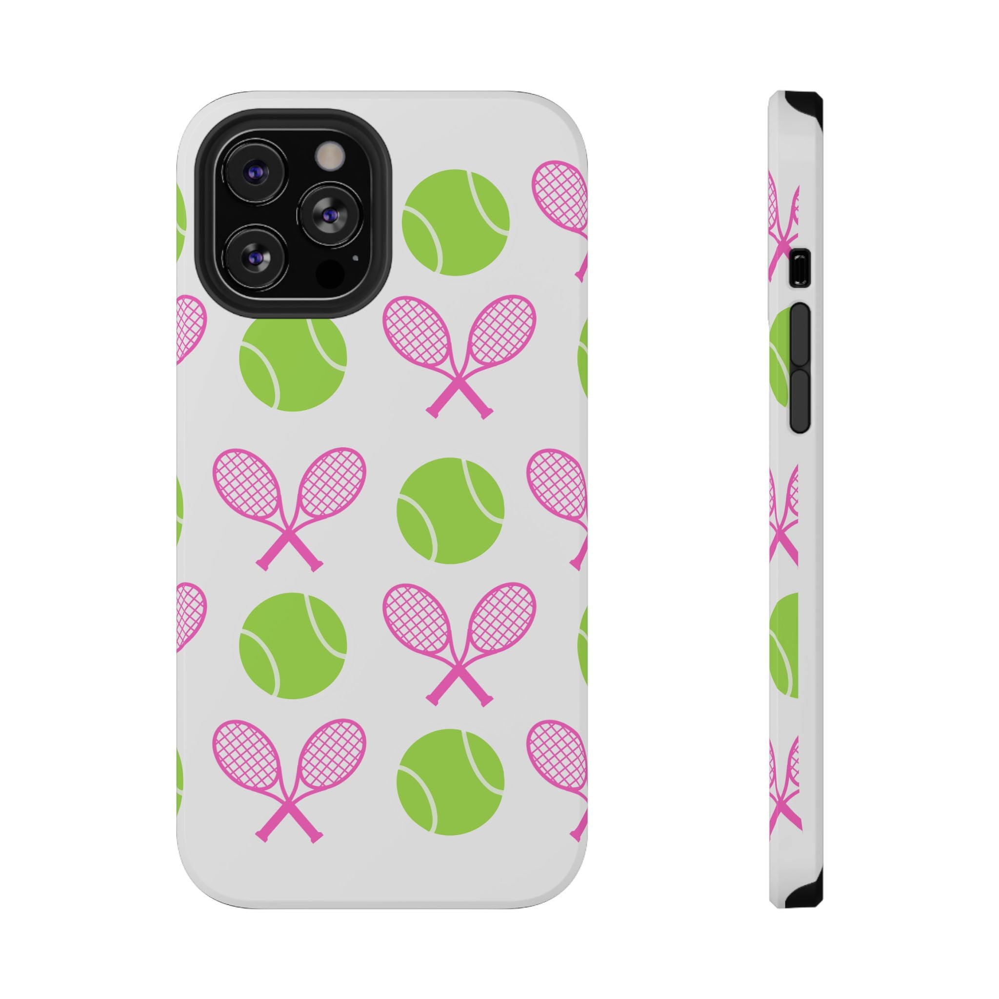 Tennis Pattern Impact-Resistant Phone Case — Pink Rackets & Green Balls