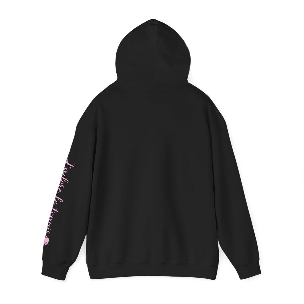 Women's Hoodie sweatshirt — "J'adore le tennis" Tennis Ball Sleeve Design (bubblegum pink)