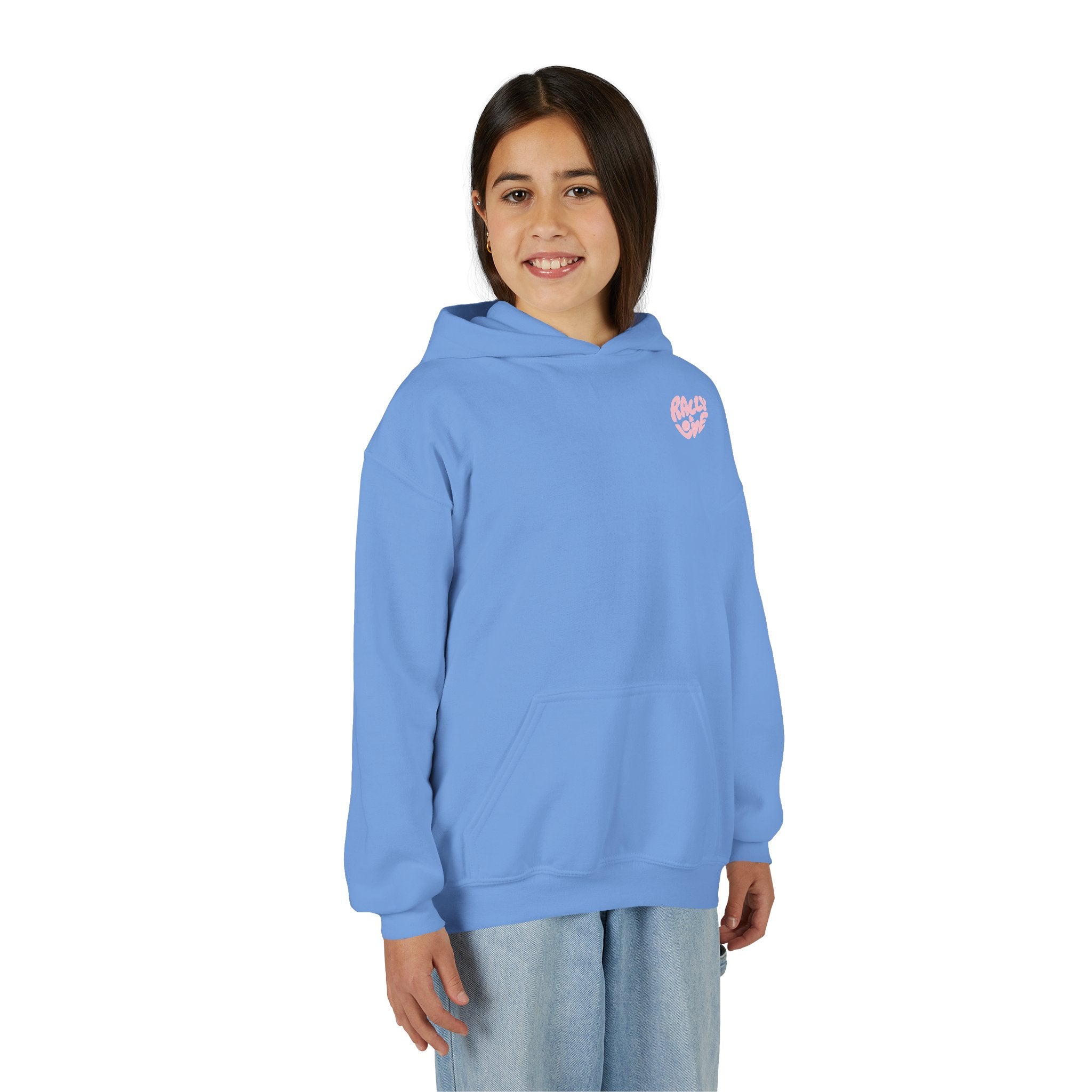Girl's Junior Hoodie sweatshirt — "Rally & Love" Heart Chest Tennis Graphic Sweatshirt (Pink logo)
