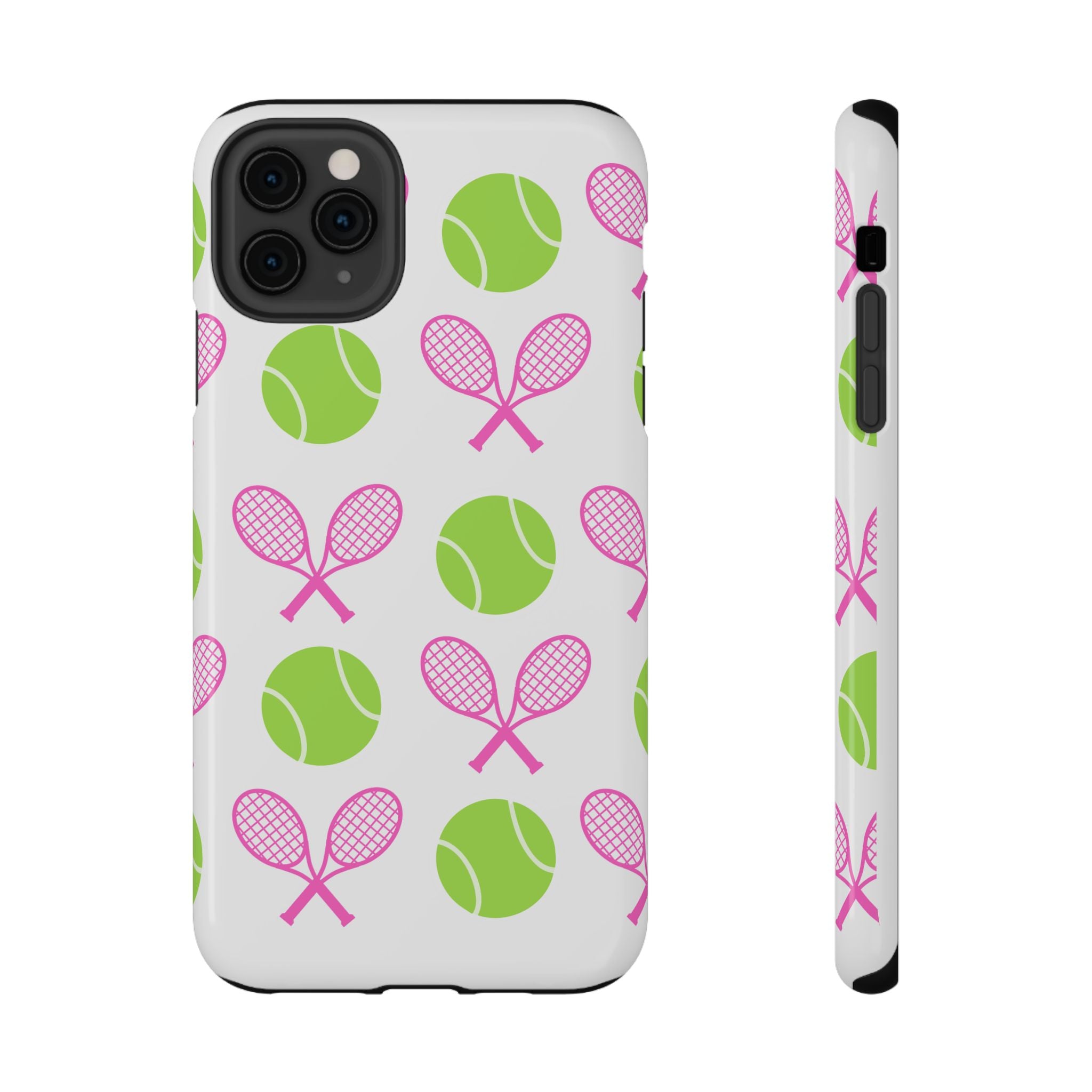 Tennis Pattern Impact-Resistant Phone Case — Pink Rackets & Green Balls