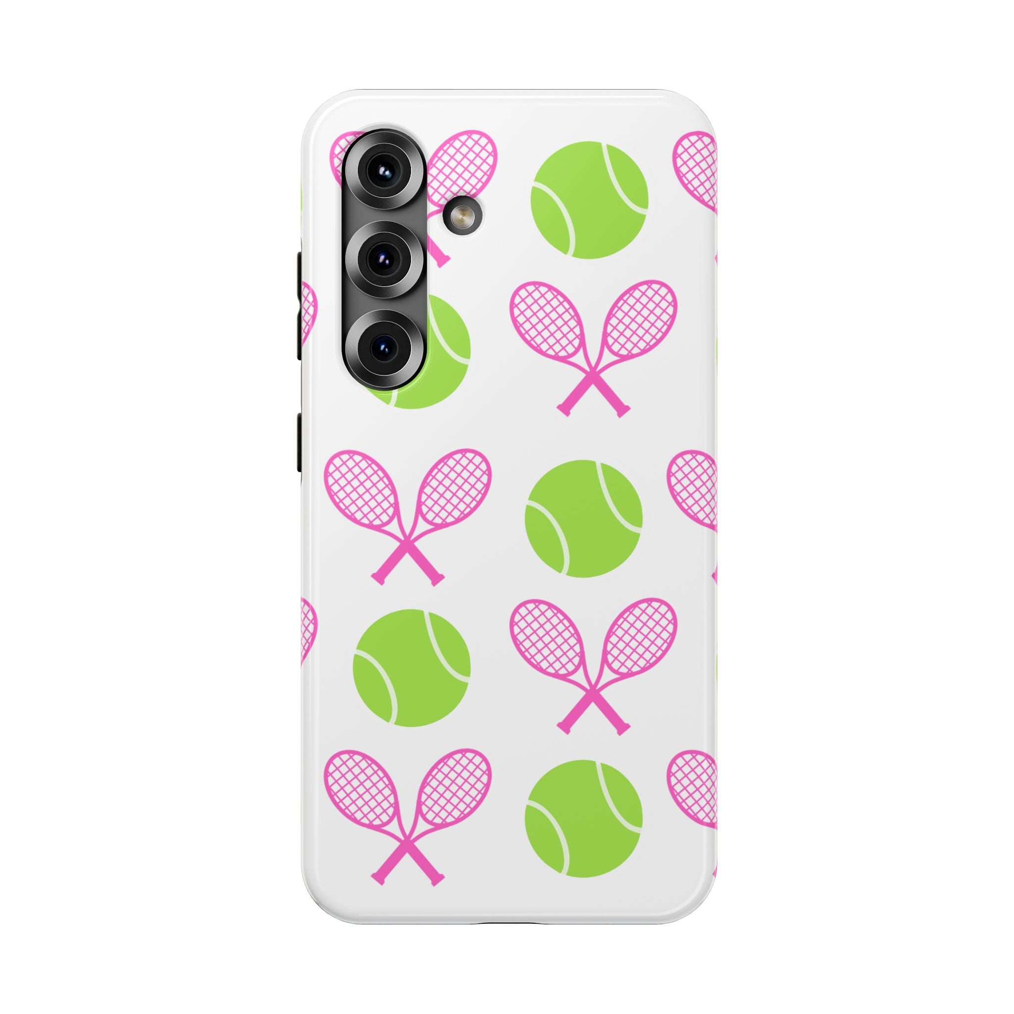 Tennis Pattern Impact-Resistant Phone Case — Pink Rackets & Green Balls