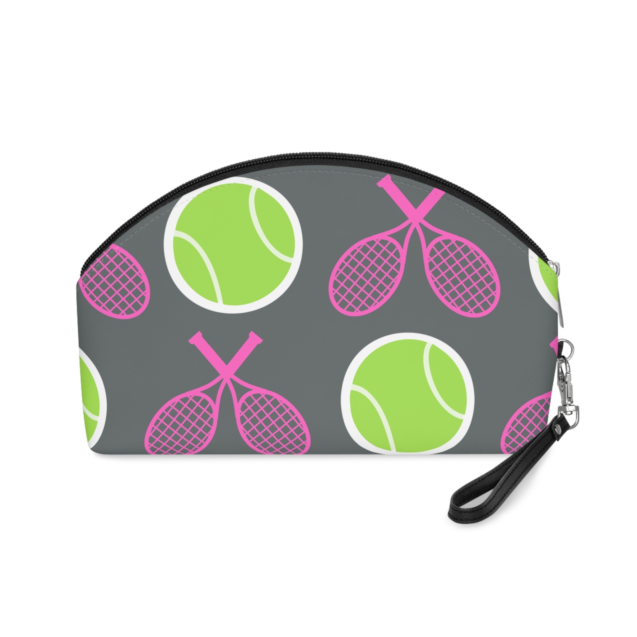 Tennis Makeup Bag — Gray/Pink/Yellow Tennis Ball & Racket Cosmetic Pouch for Players