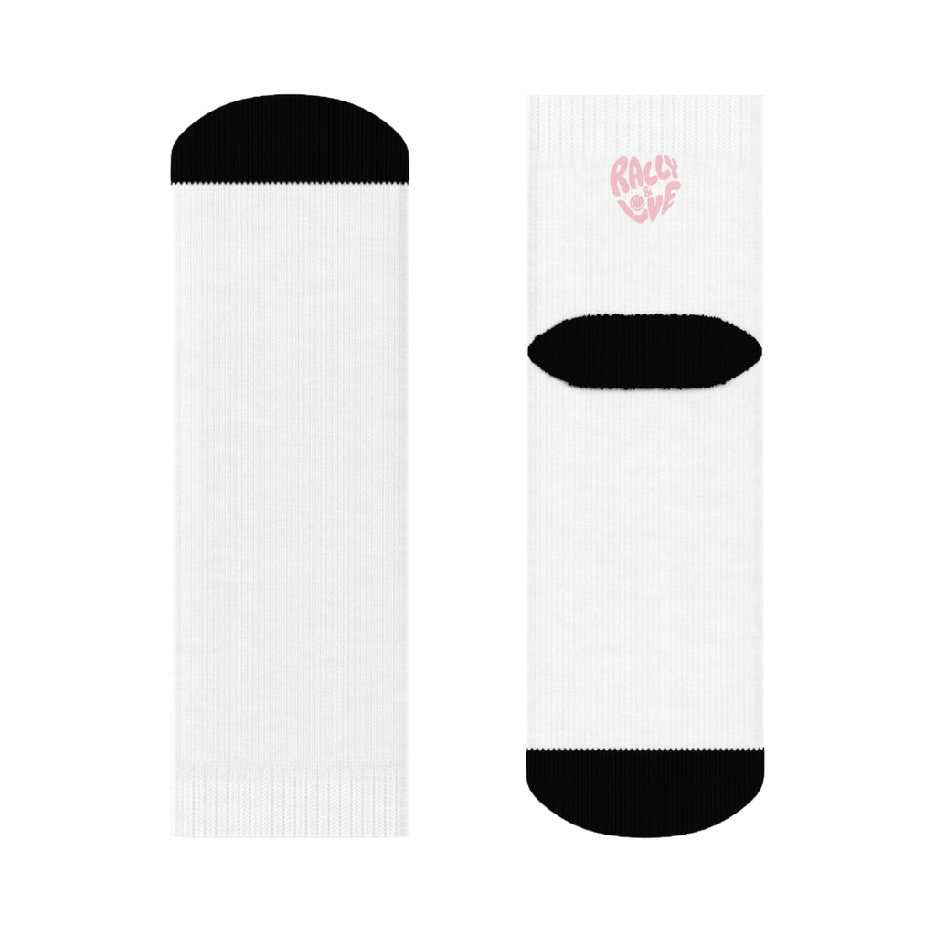 Women's Socks — White/'Rally & Love' Pink Heart Graphic Cotton Crew Socks