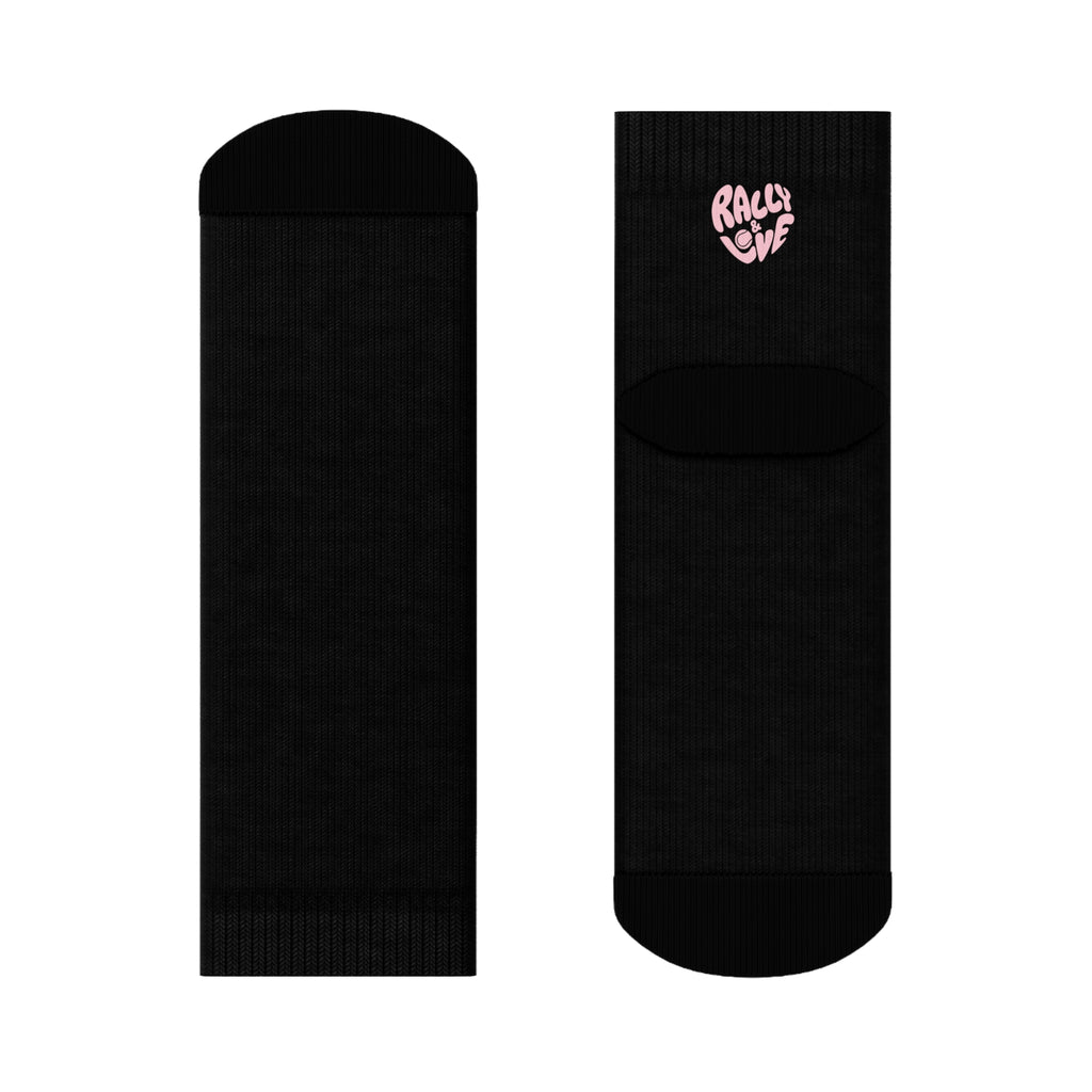 Women's Socks — Black/'Rally & Love' Pink Heart Graphic Cotton Crew Socks