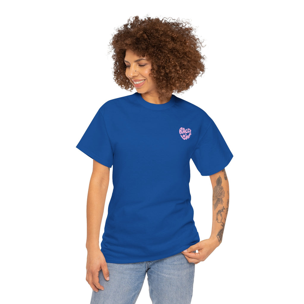 Women's Tee - Minimalist "Rally & Love" logo Chest Print (bubblegum pink)