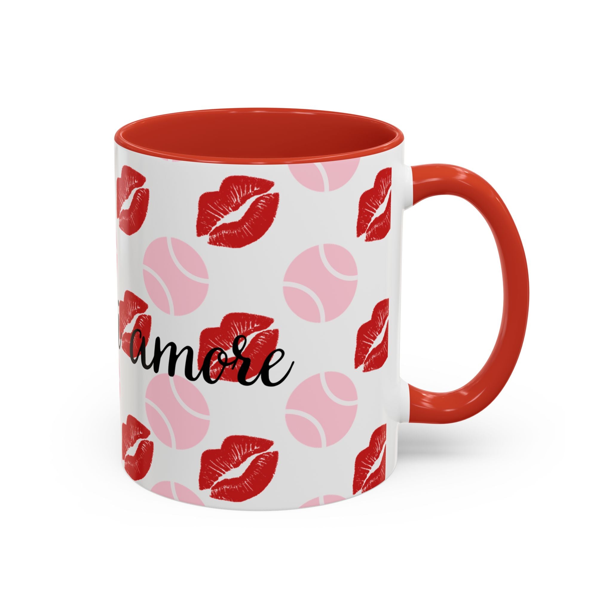Tennis Kiss Accent Coffee Mug — 'Tennis mi amore' Pink Lip & Ball Pattern (11/15oz)