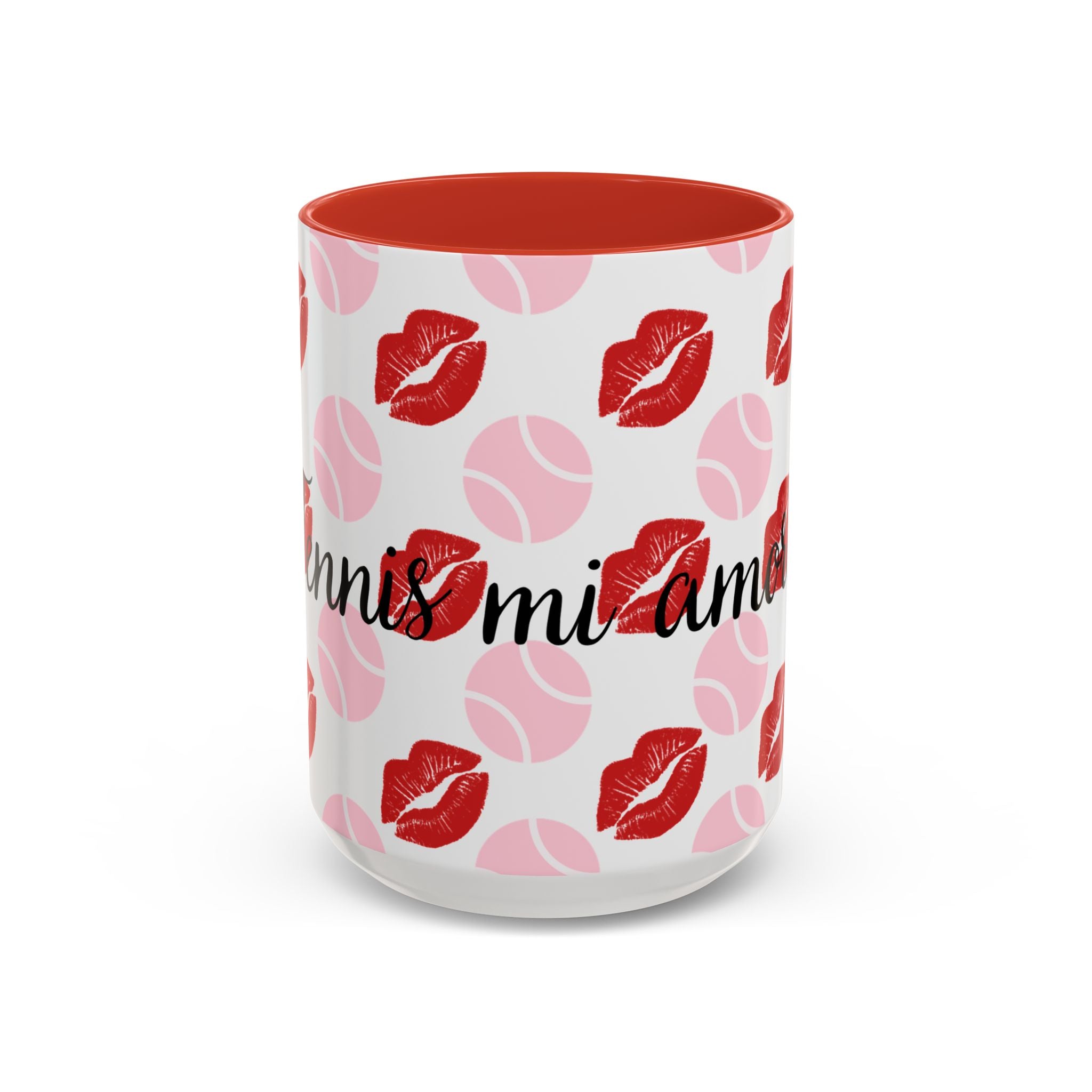 Tennis Kiss Accent Coffee Mug — 'Tennis mi amore' Pink Lip & Ball Pattern (11/15oz)