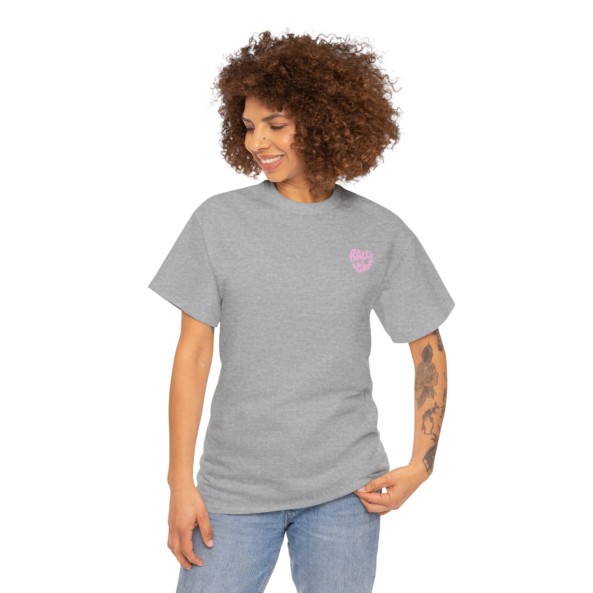 Women's Tee - Minimalist "Rally & Love" logo Chest Print (bubblegum pink)