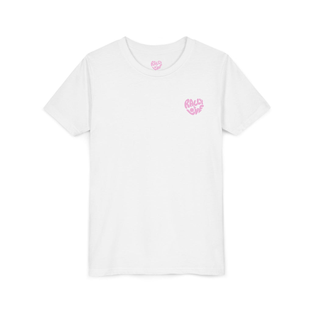 Girl's Junior Tee — 'Rally & Love' Heart Graphic Kids T-Shirt (bubblegum pink)