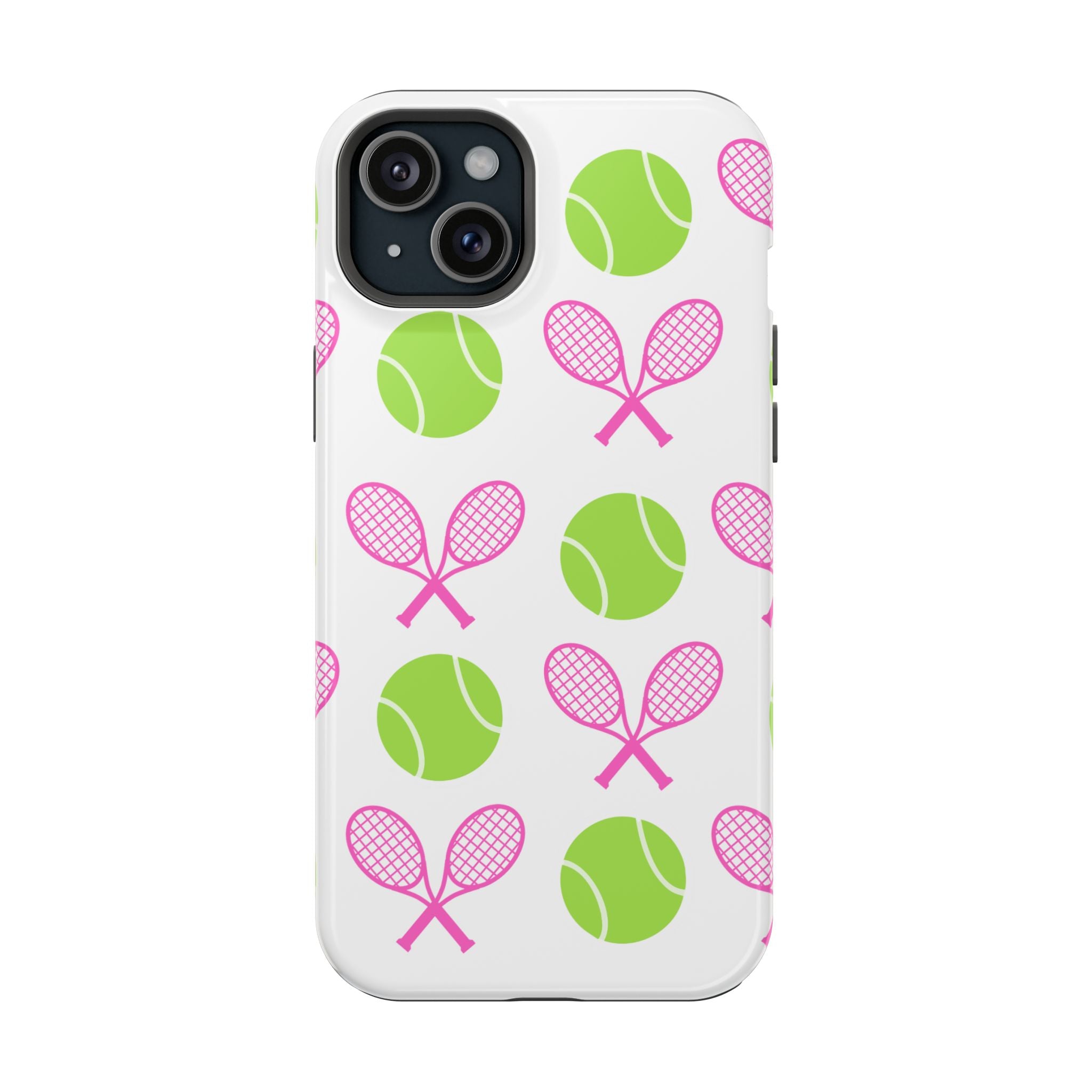 Tennis Pattern Impact-Resistant Phone Case — Pink Rackets & Green Balls