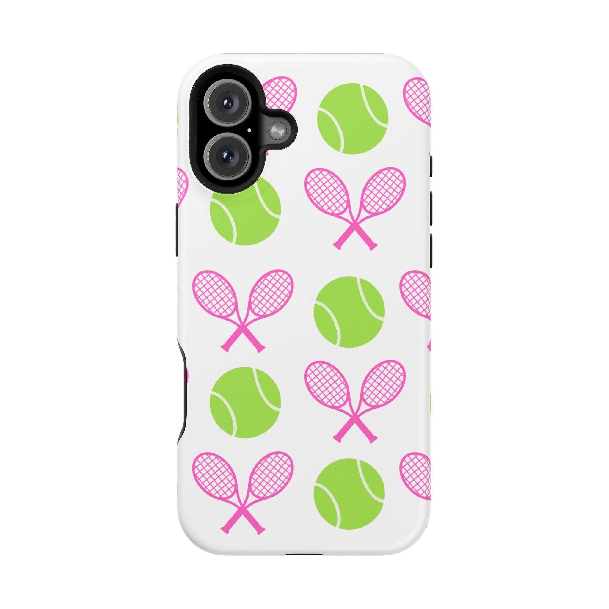 Tennis Pattern Impact-Resistant Phone Case — Pink Rackets & Green Balls