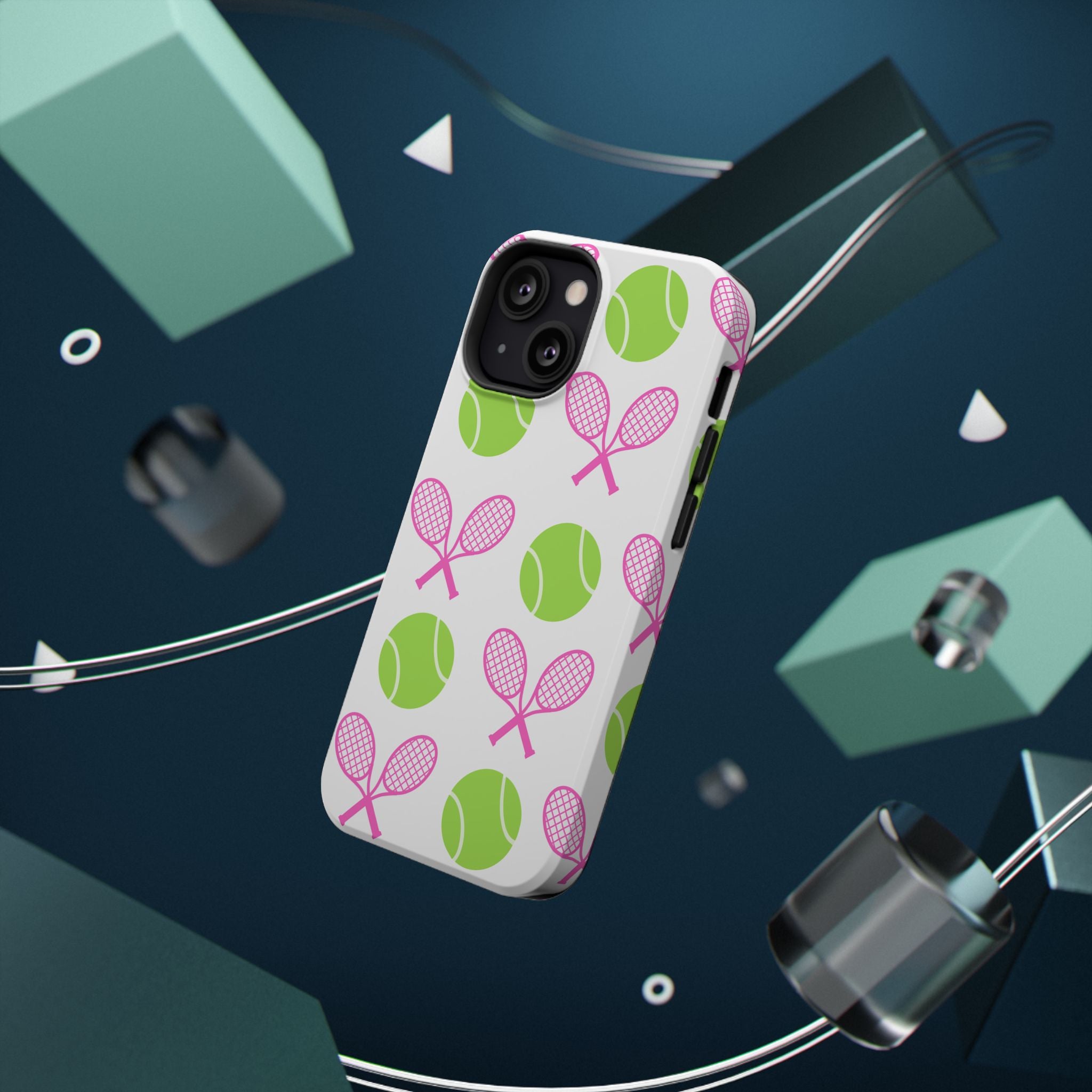Tennis Pattern Impact-Resistant Phone Case — Pink Rackets & Green Balls