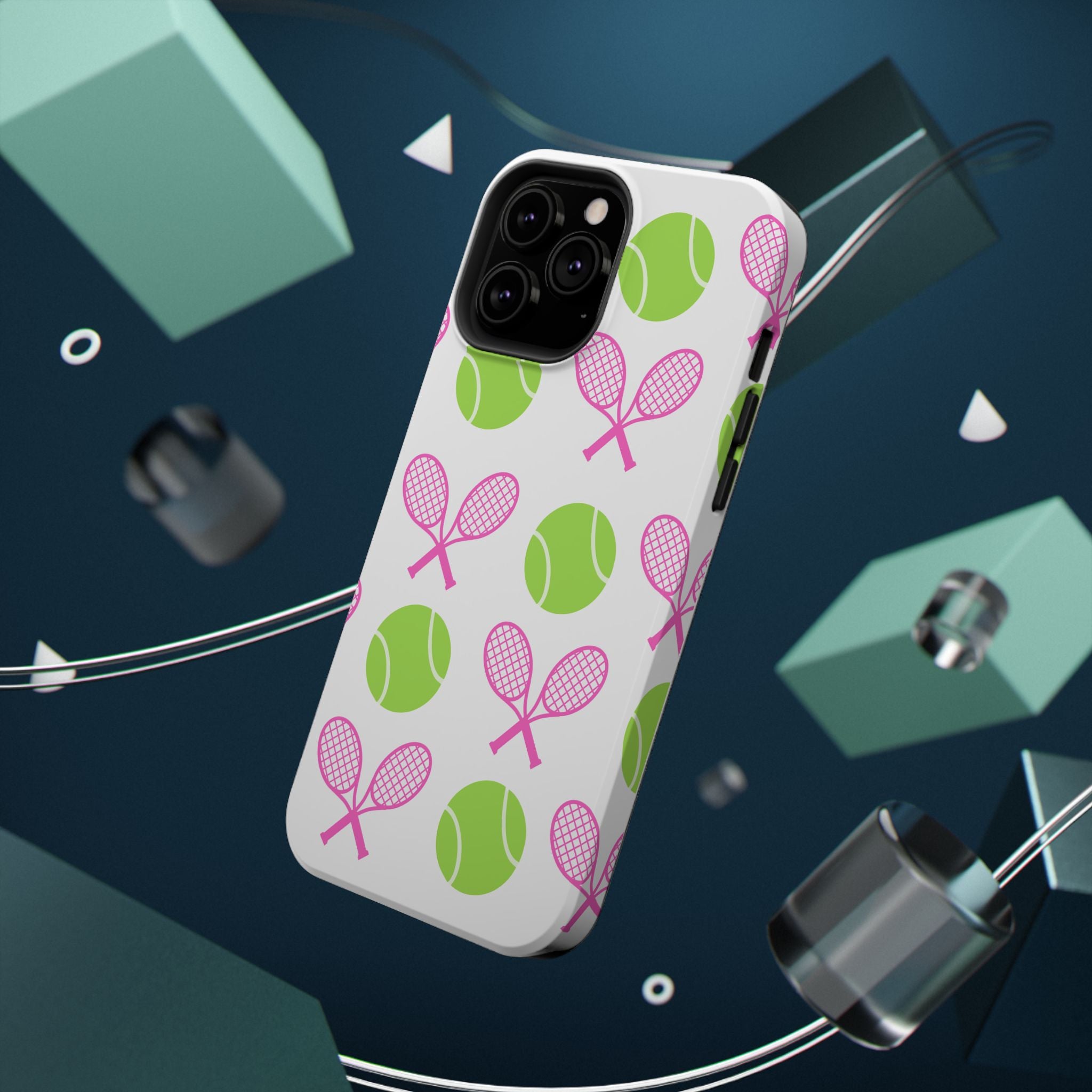 Tennis Pattern Impact-Resistant Phone Case — Pink Rackets & Green Balls
