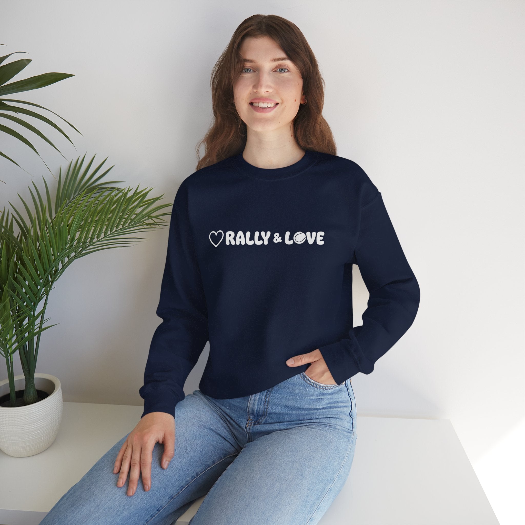 Women's Crewneck Sweatshirt - 'Rally & Love' tennis, soft neutral sweatshirt (cream)
