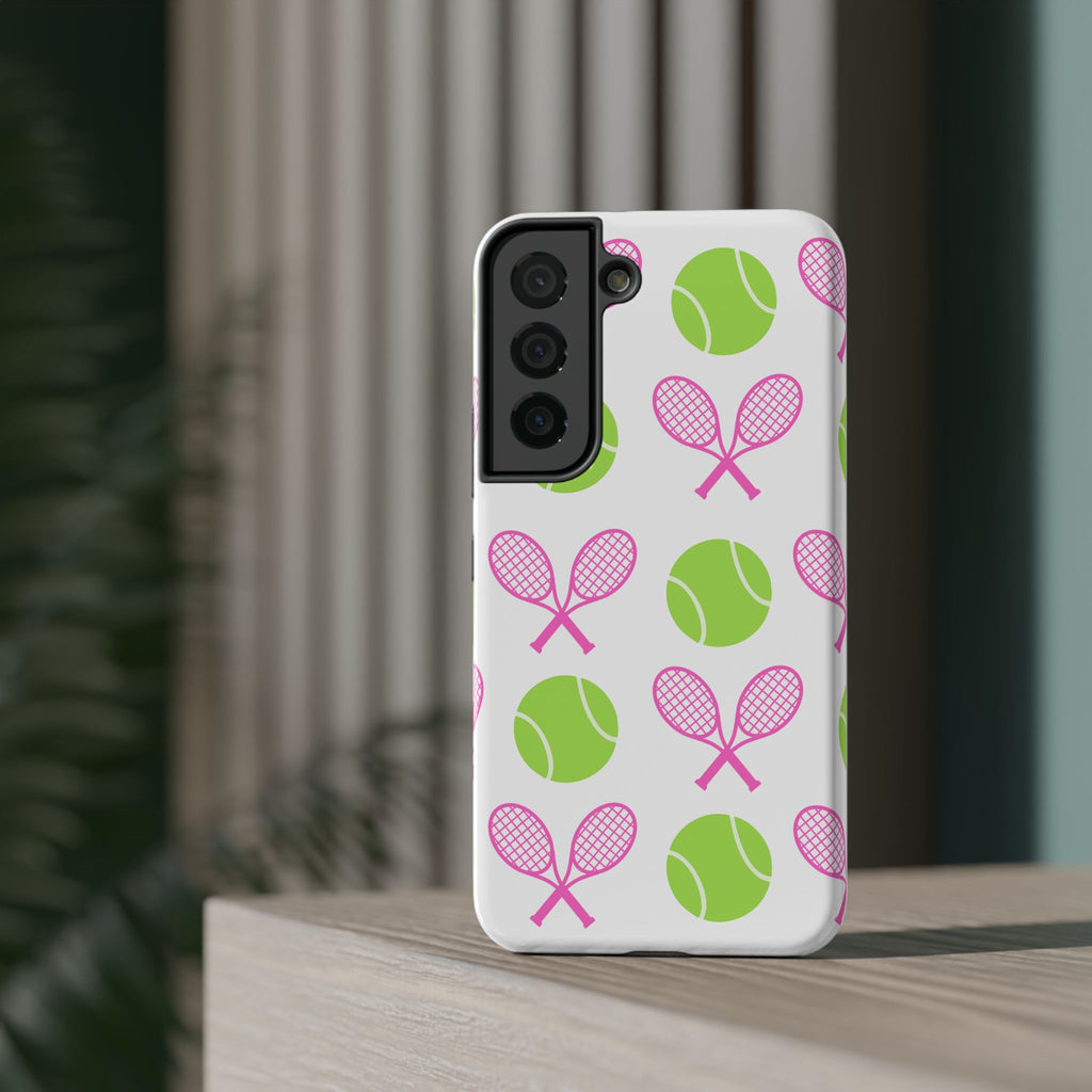 Tennis Pattern Impact-Resistant Phone Case — Pink Rackets & Green Balls